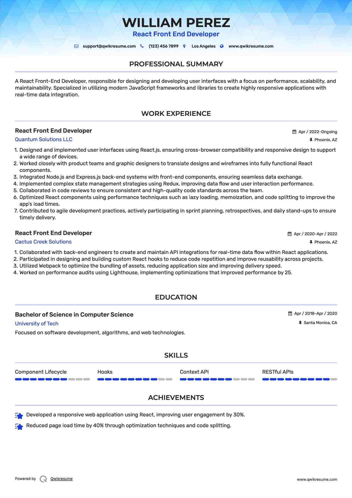React Front End Developer Resume Model