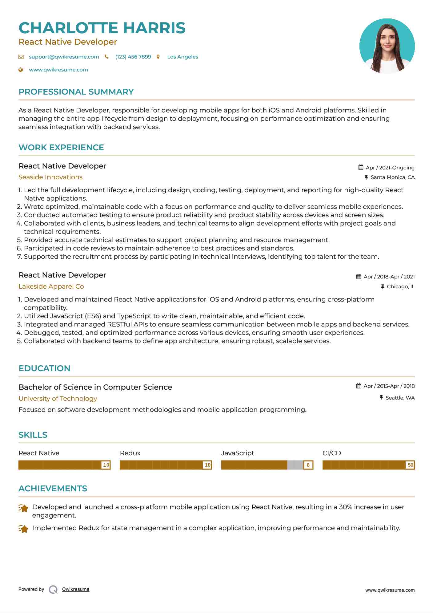 React Native Developer Resume Example