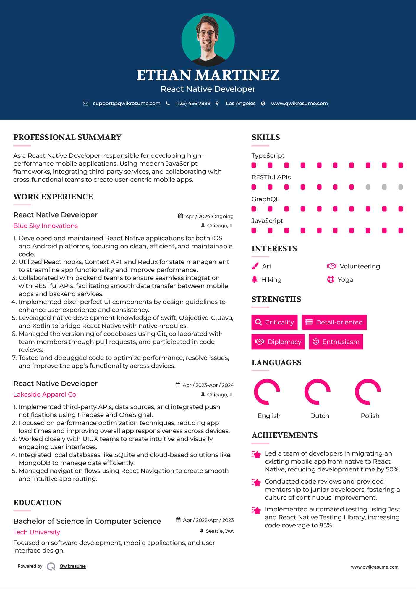 React Native Developer Resume Template