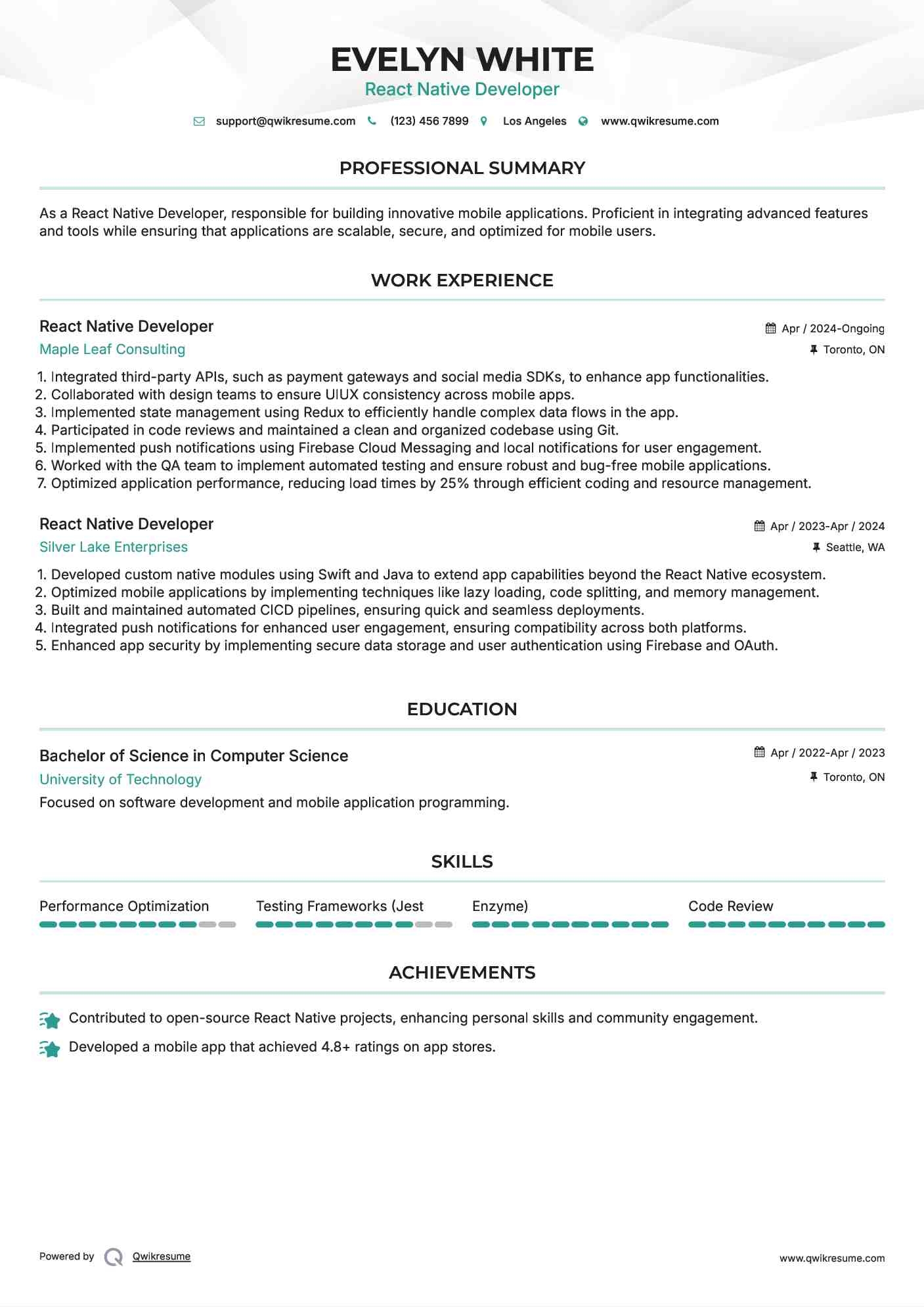 React Native Developer Resume Example