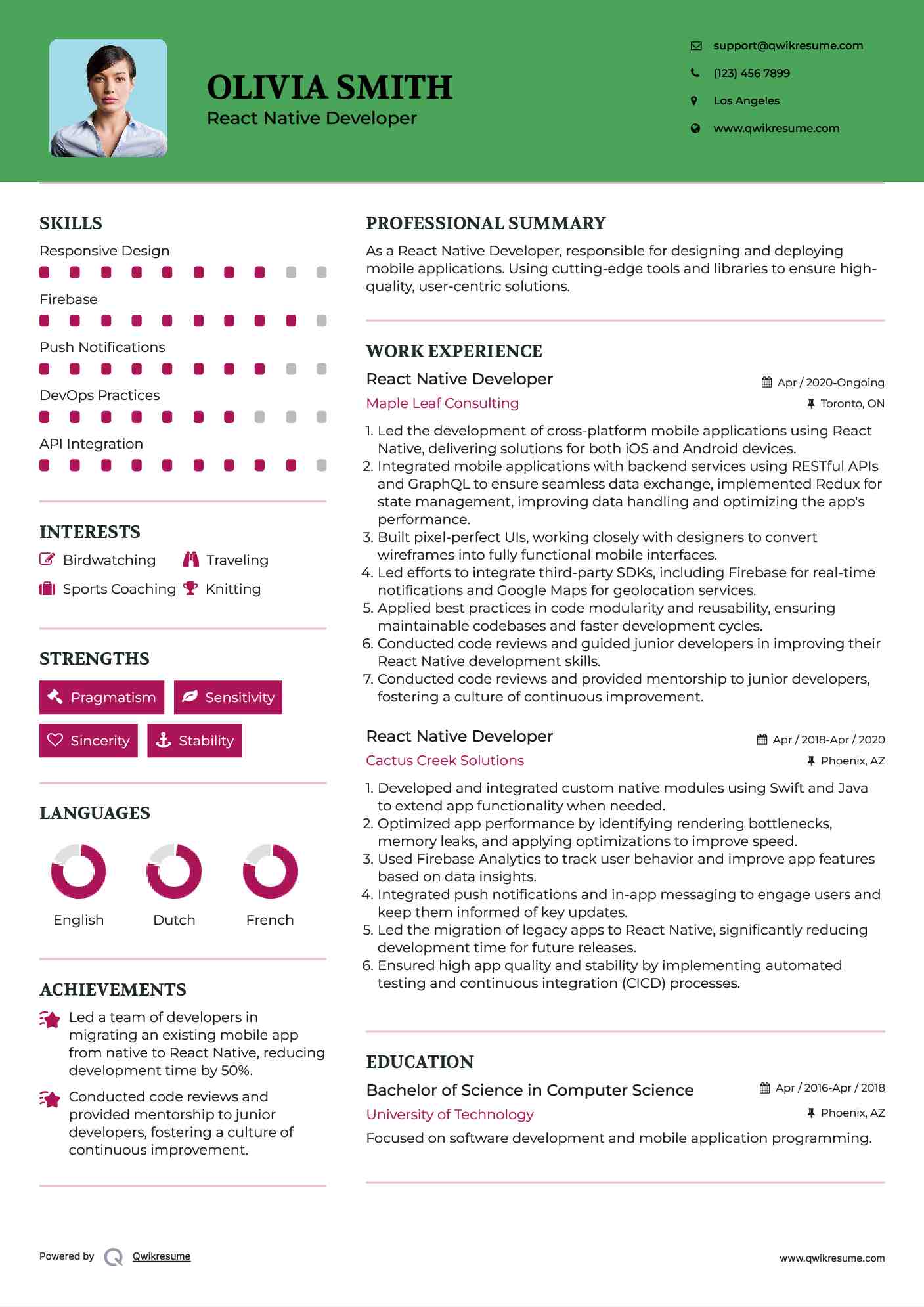 React Native Developer Resume Sample
