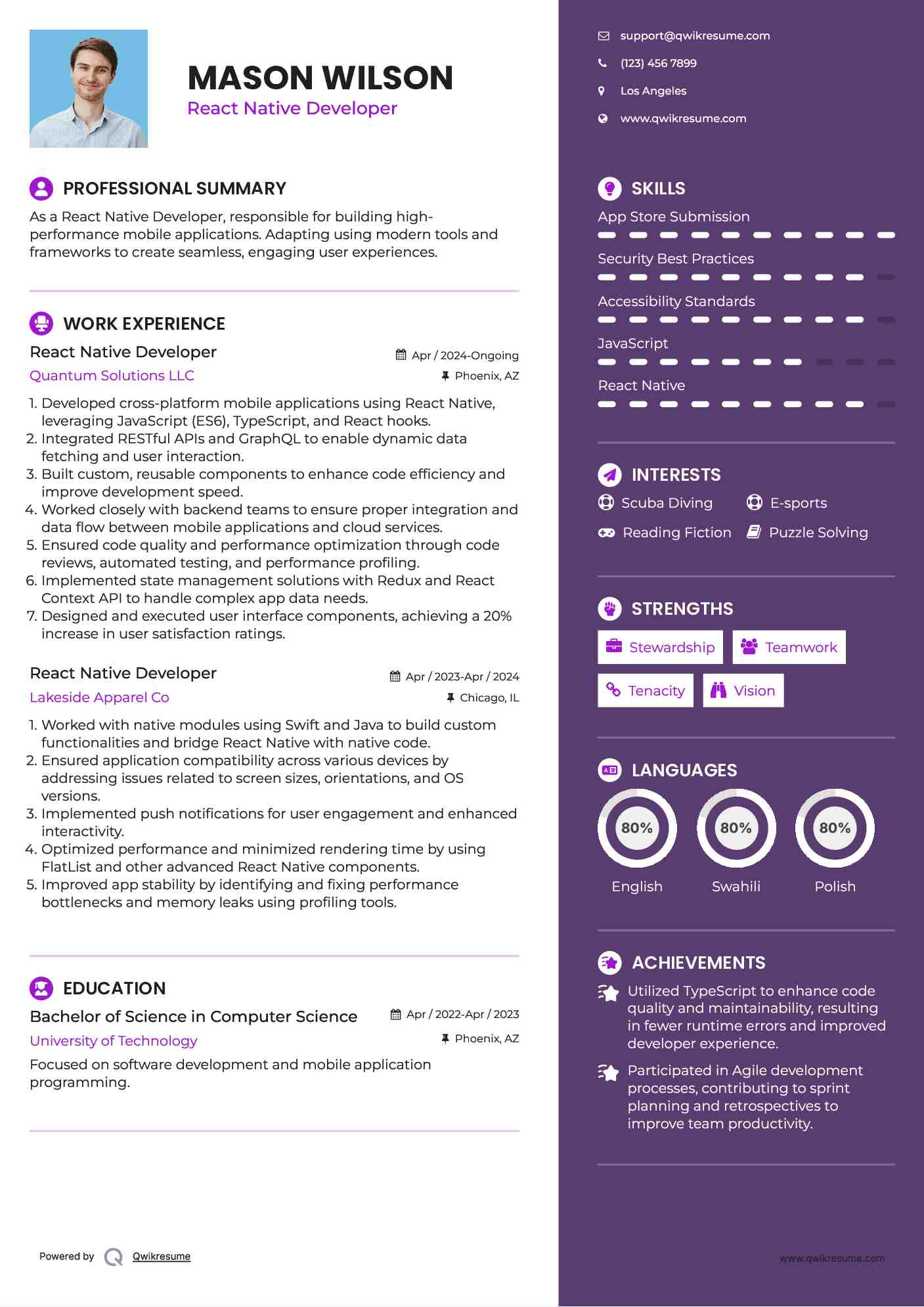 React Native Developer Resume Example