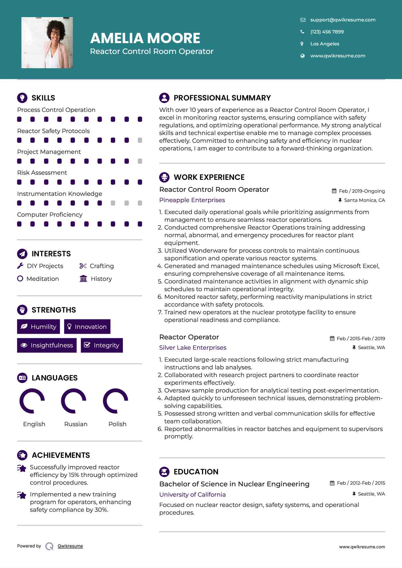 Reactor Control Room Operator Resume Example