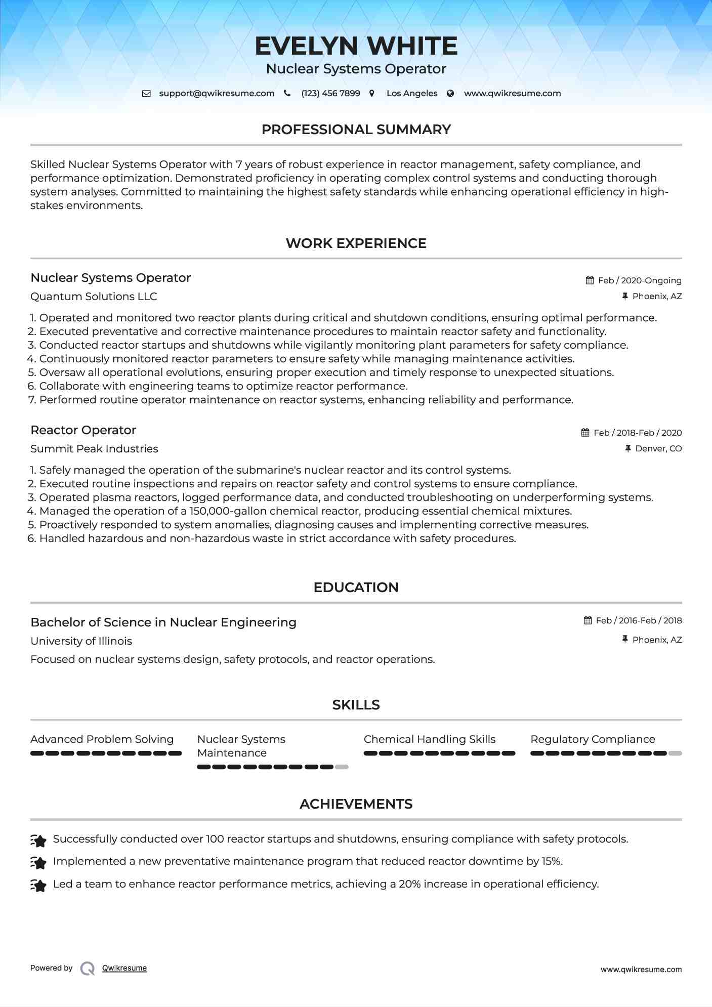 Nuclear Systems Operator Resume Model