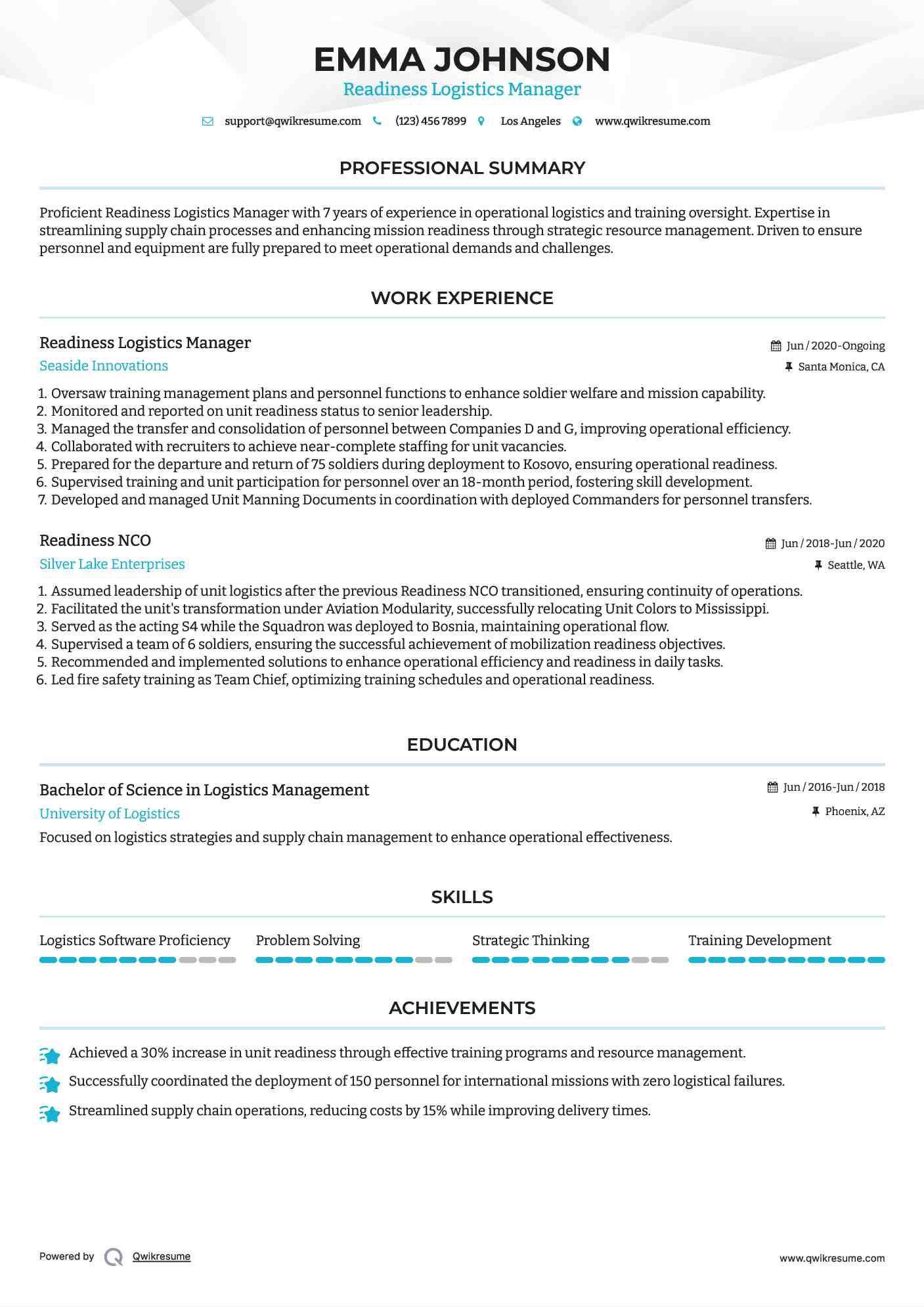 Readiness Logistics Manager Resume Example