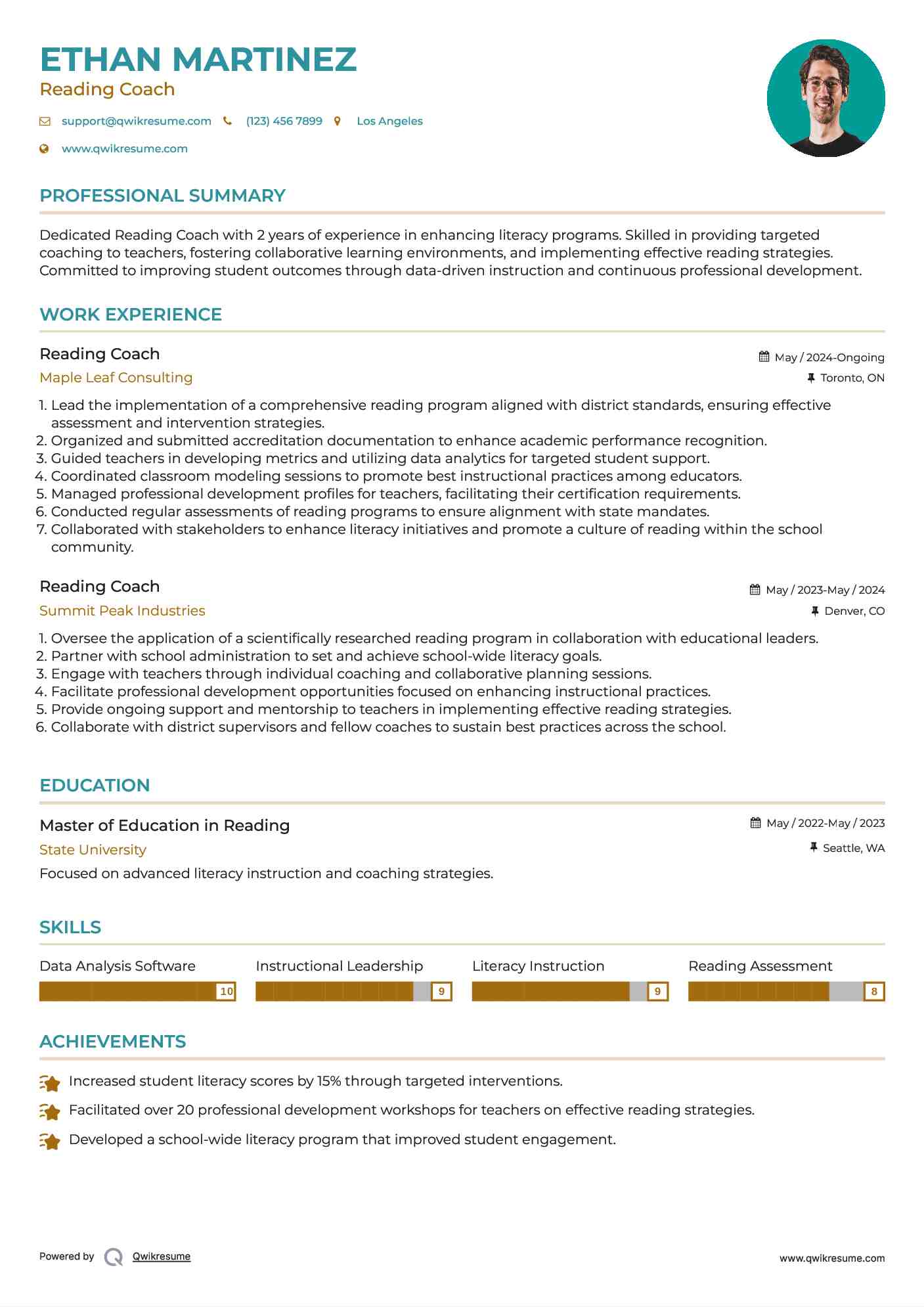 Reading Coach Resume Format