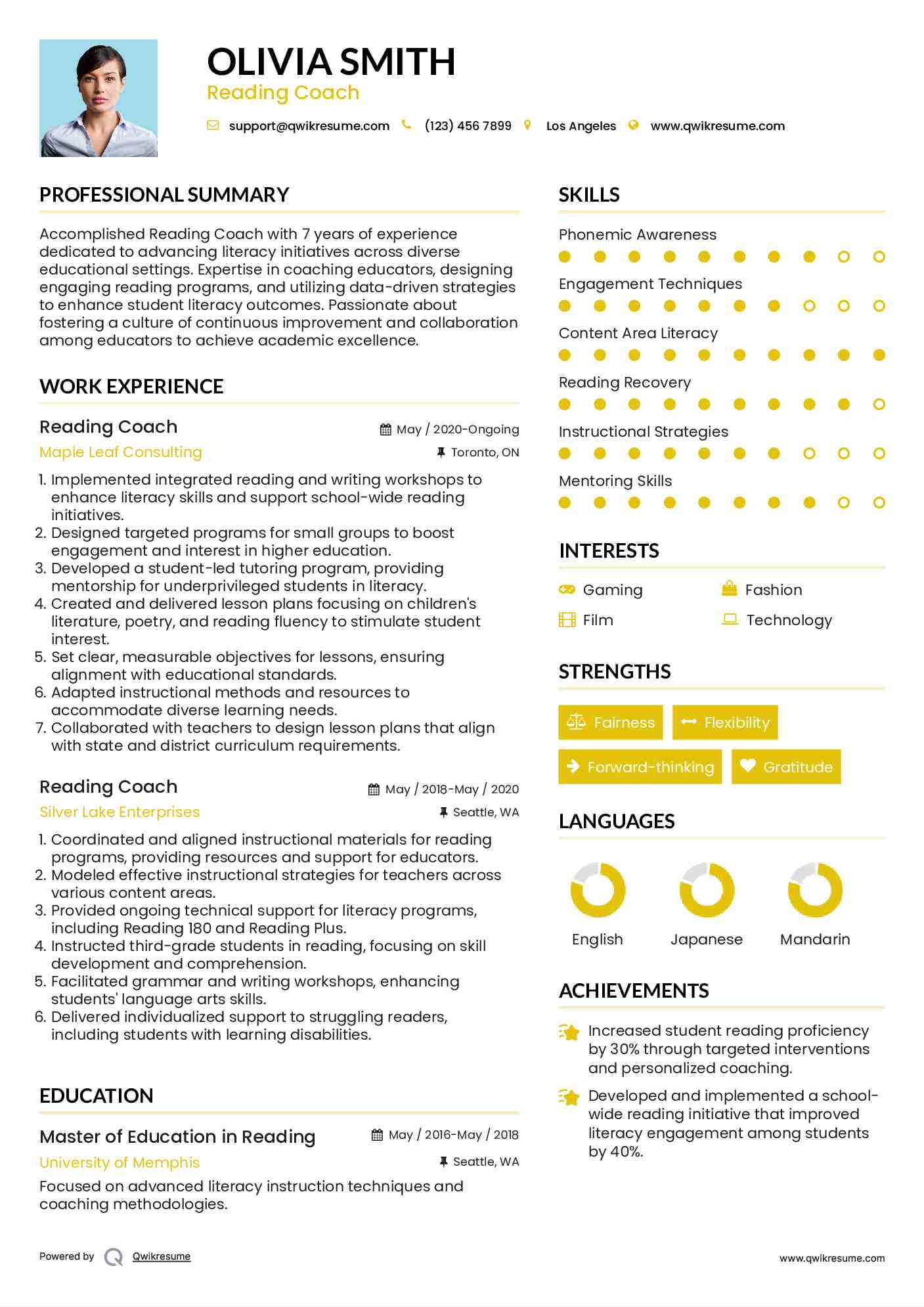 Reading Coach Resume Format