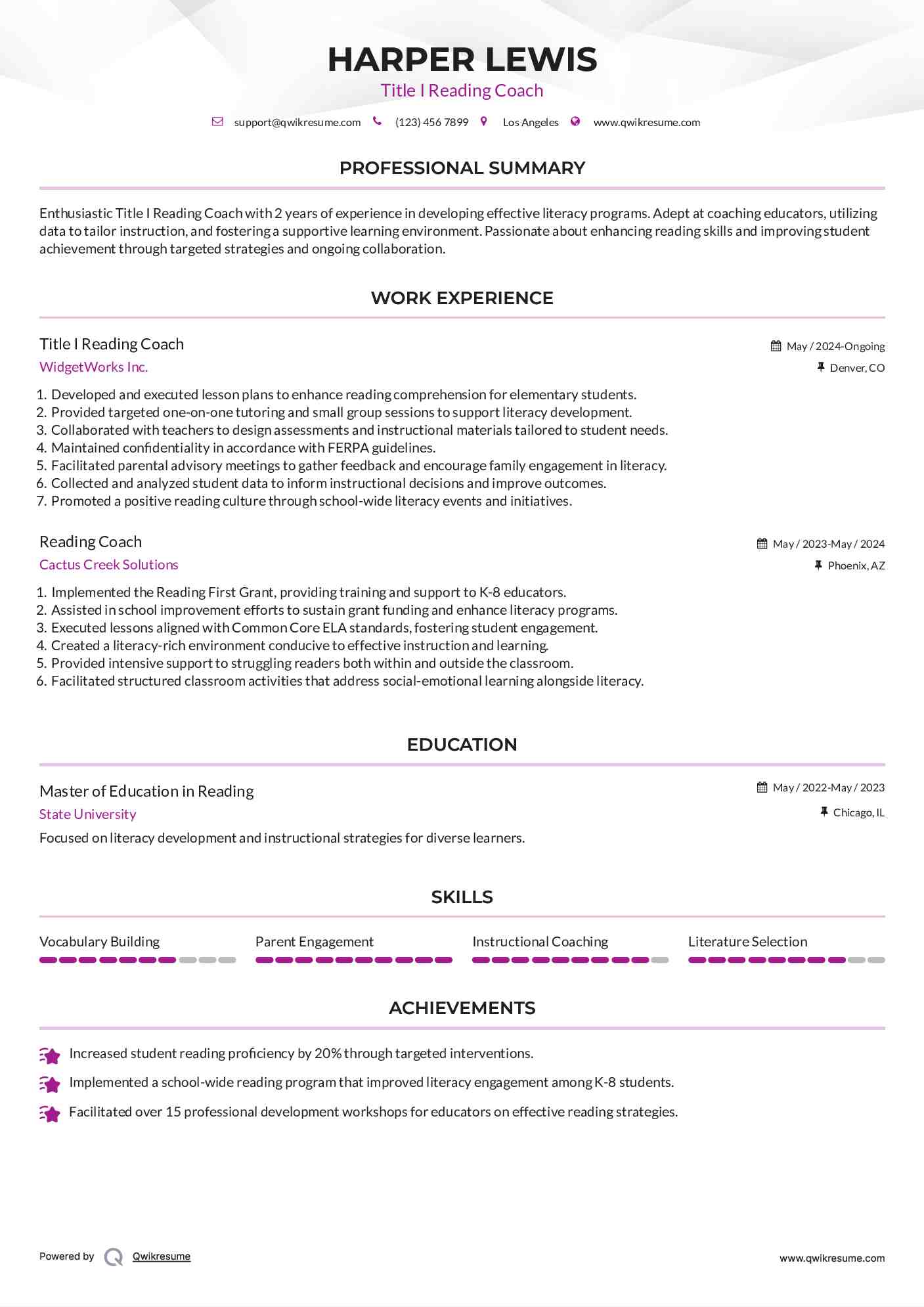 Title I Reading Coach Resume Example