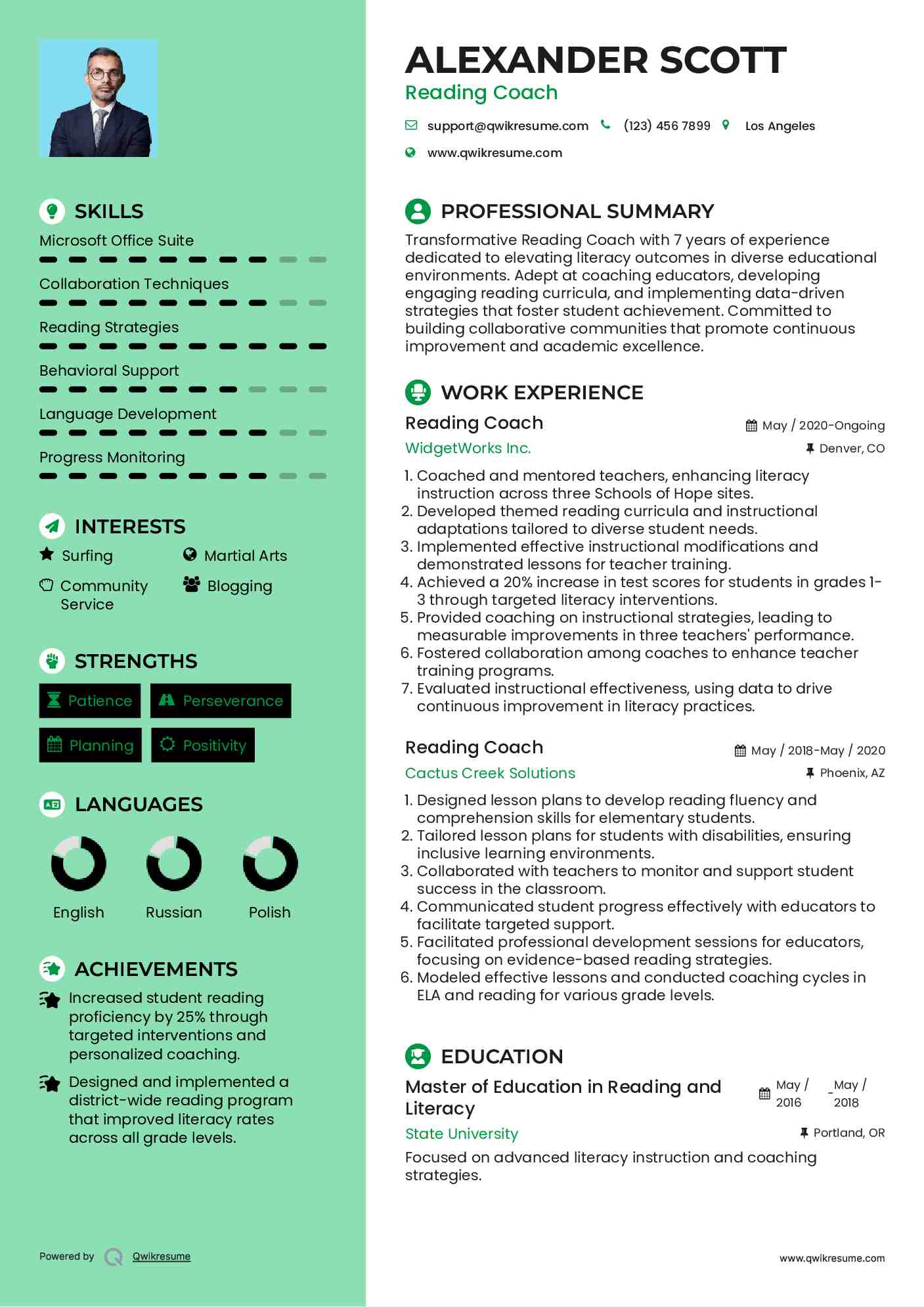 Reading Coach Resume Model