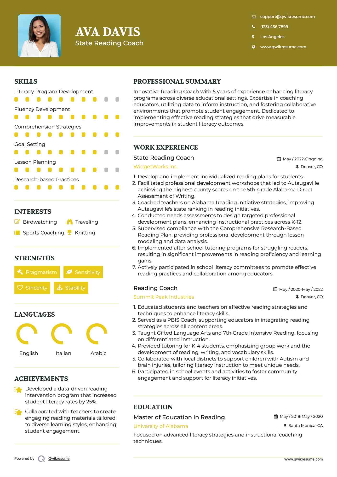  State Reading Coach Resume Sample