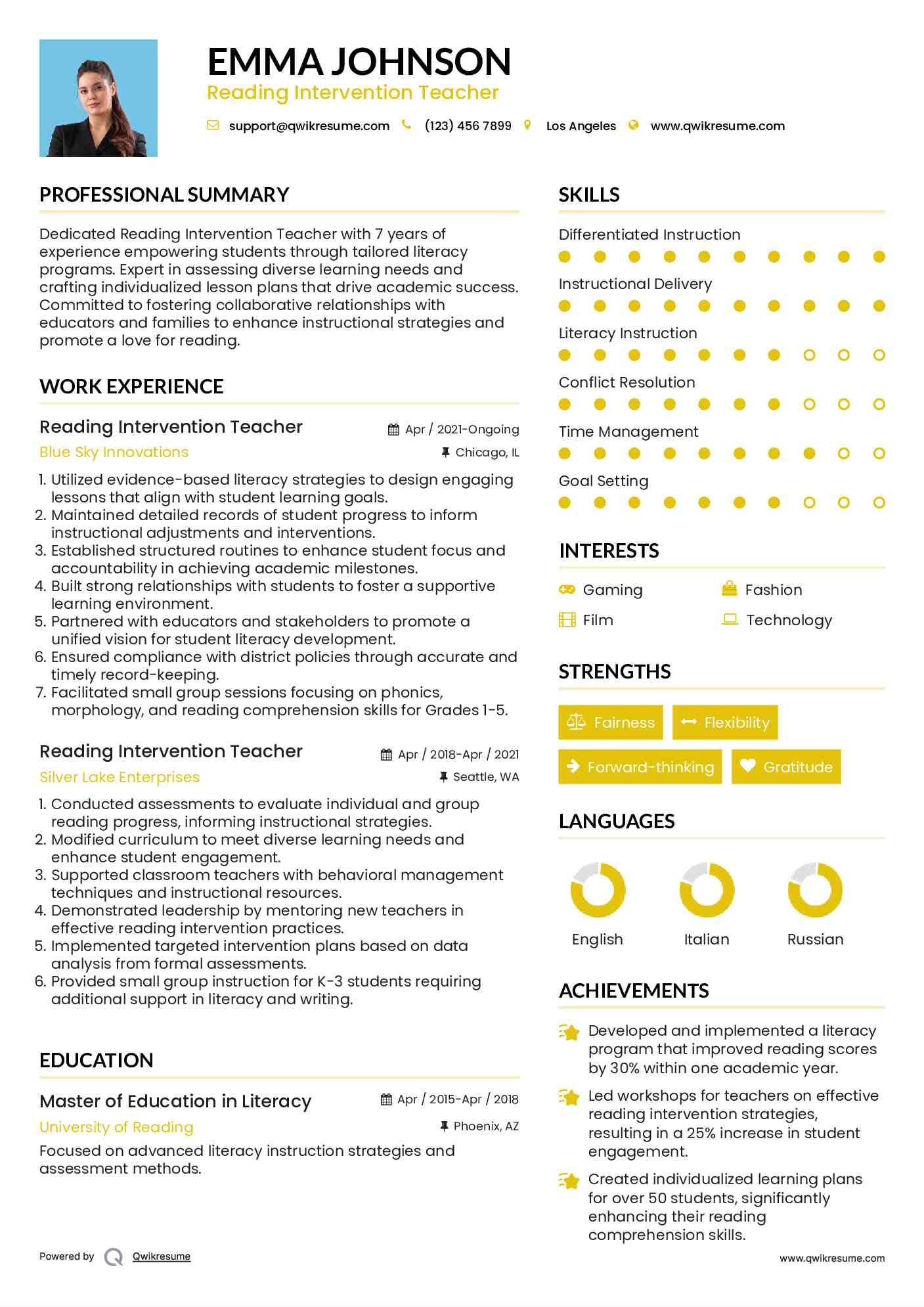 Reading Intervention Teacher Resume Example