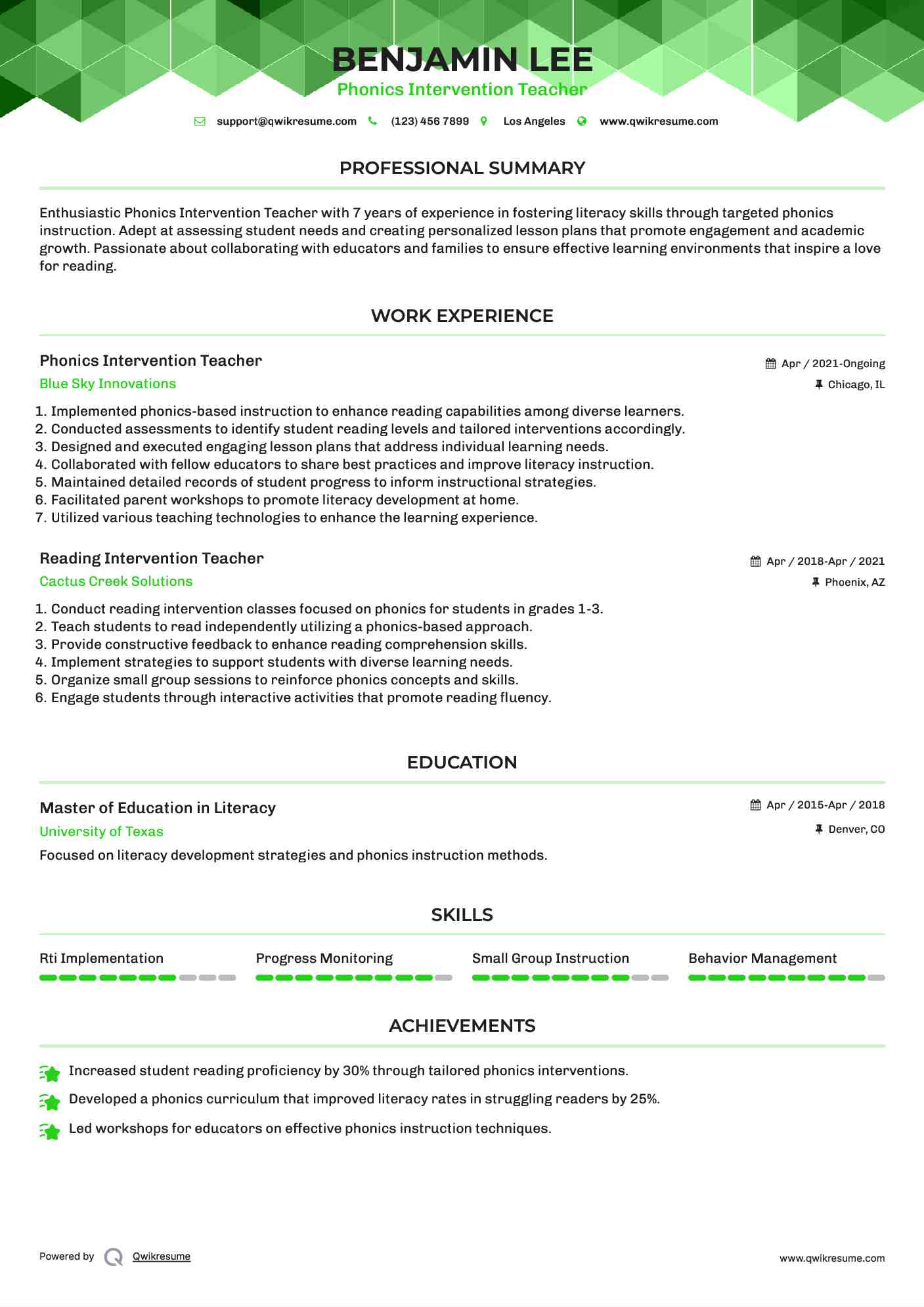 Phonics Intervention Teacher Resume Sample