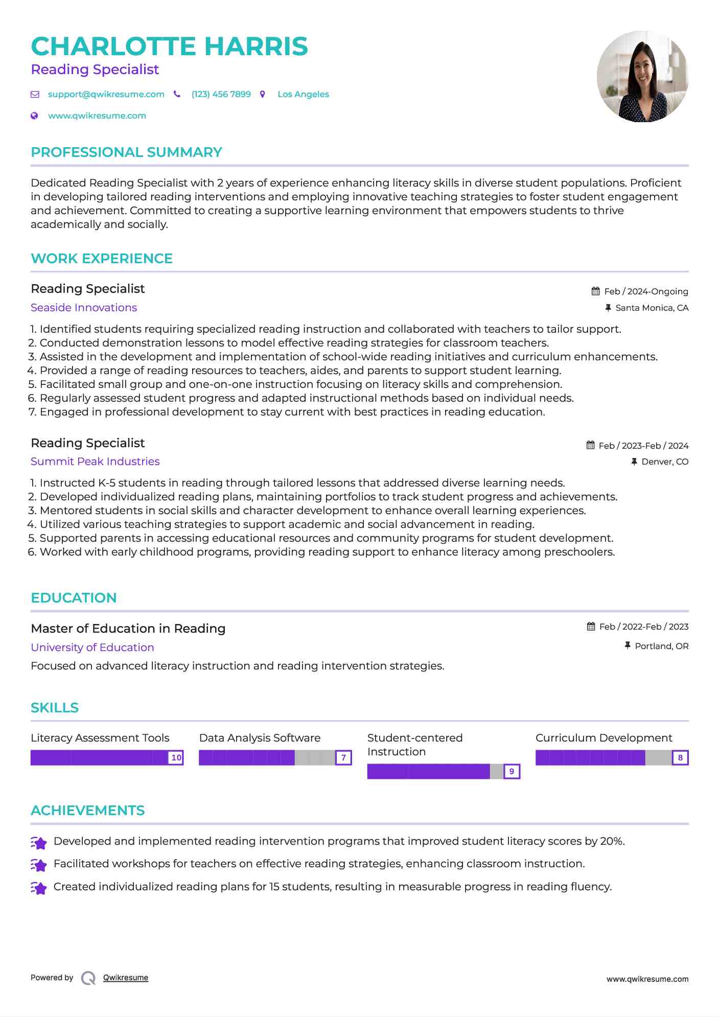 Reading Specialist Resume Model