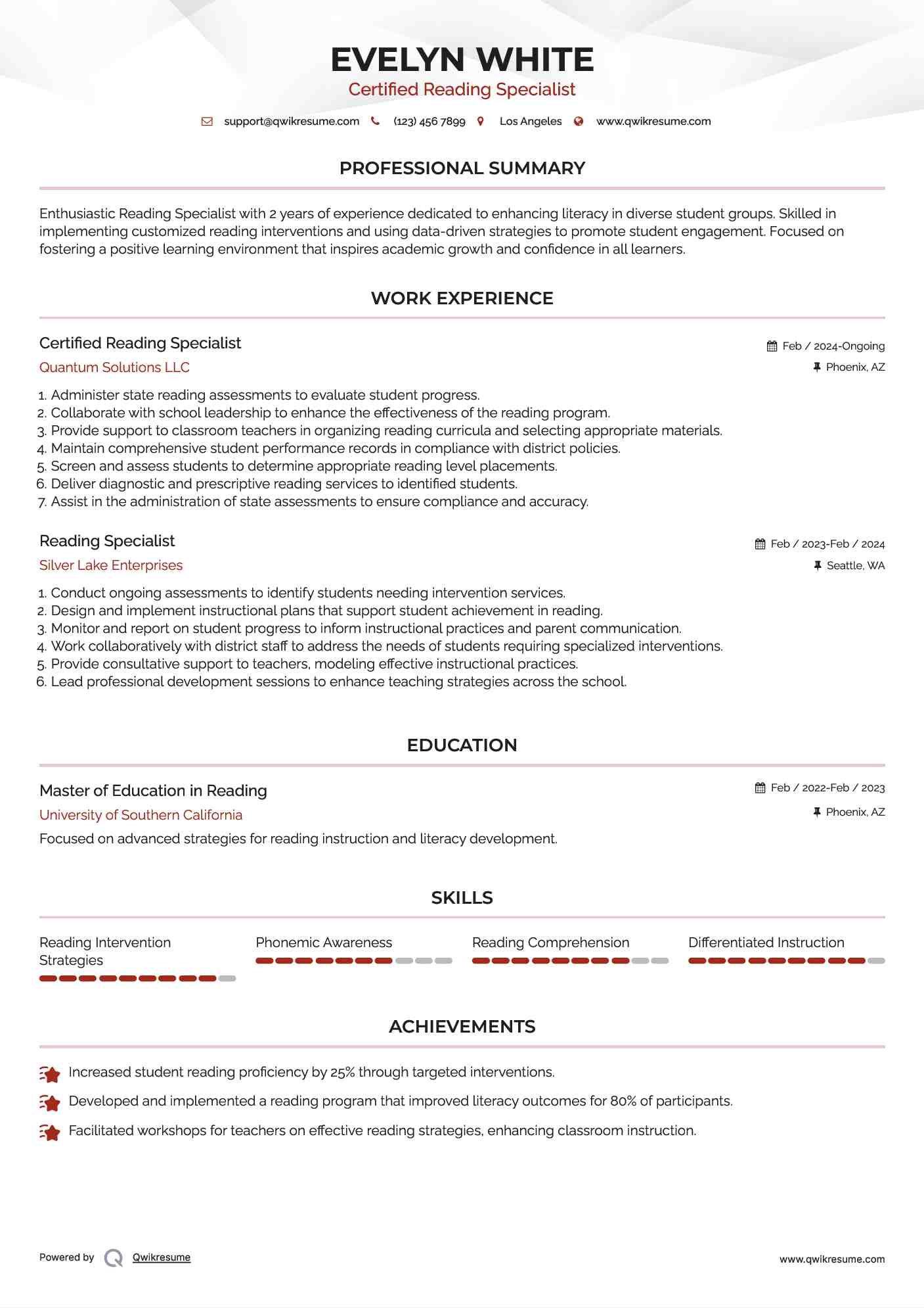 Certified Reading Specialist Resume Sample