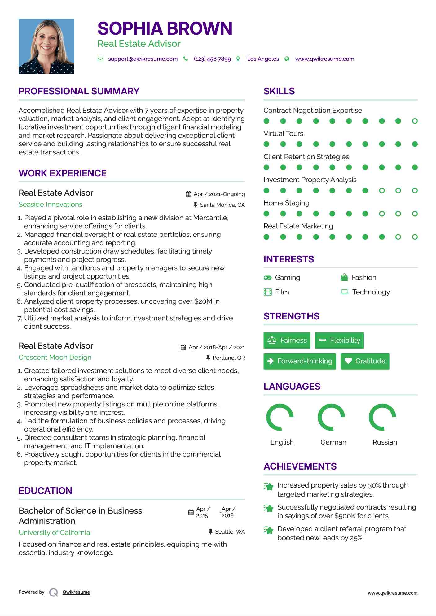 Real Estate Advisor Resume Sample