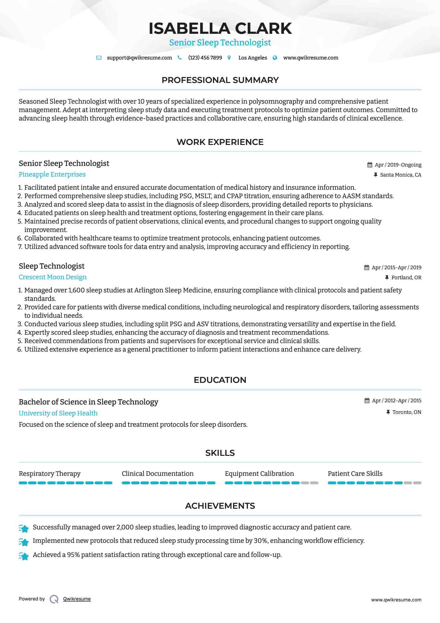 Senior Sleep Technologist  Resume Template