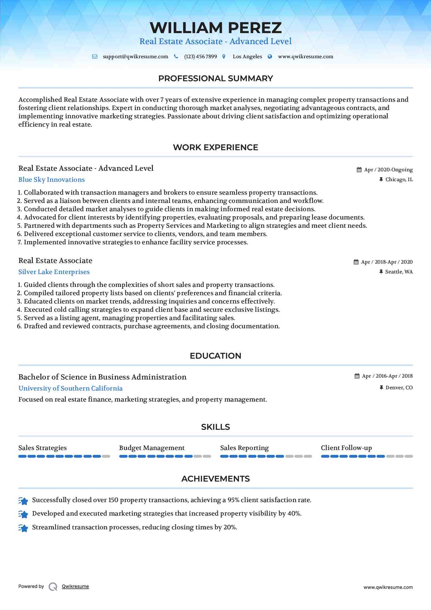 Real Estate Associate - Advanced Level Resume Sample