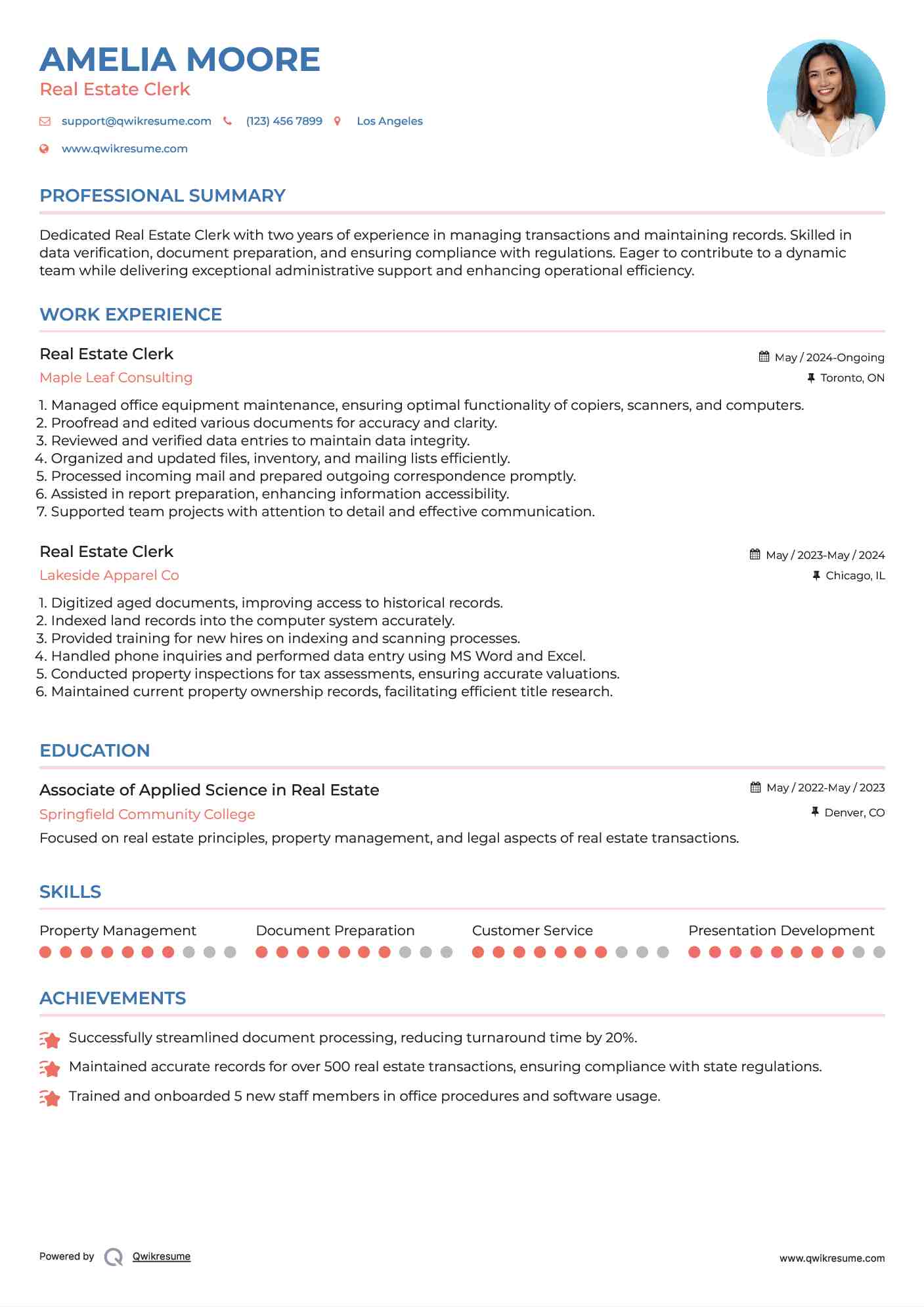 Real Estate Clerk Resume Model