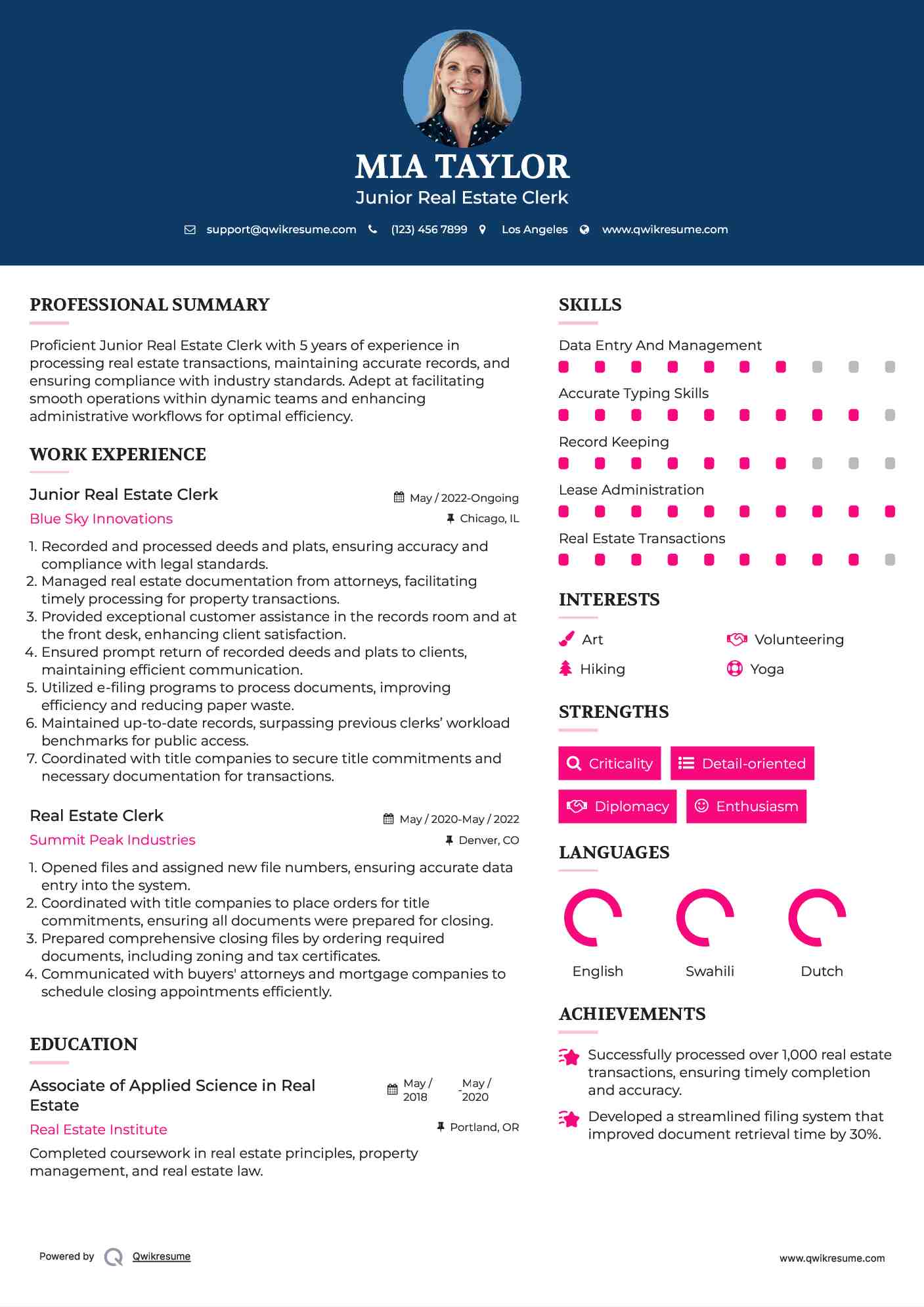 Junior Real Estate Clerk Resume Template