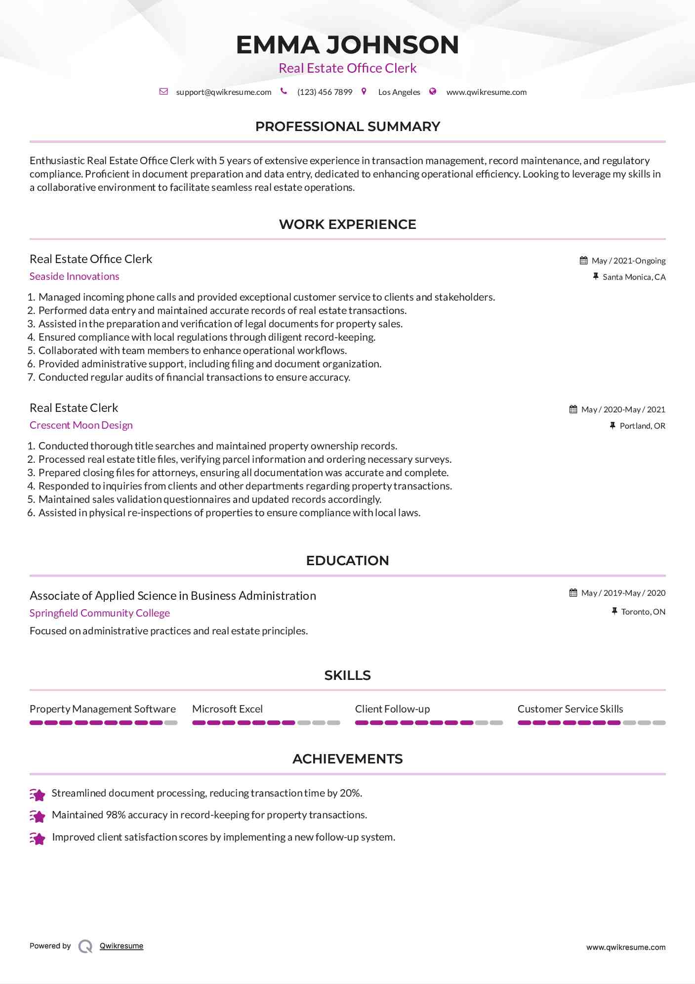 Real Estate Office Clerk Resume Format