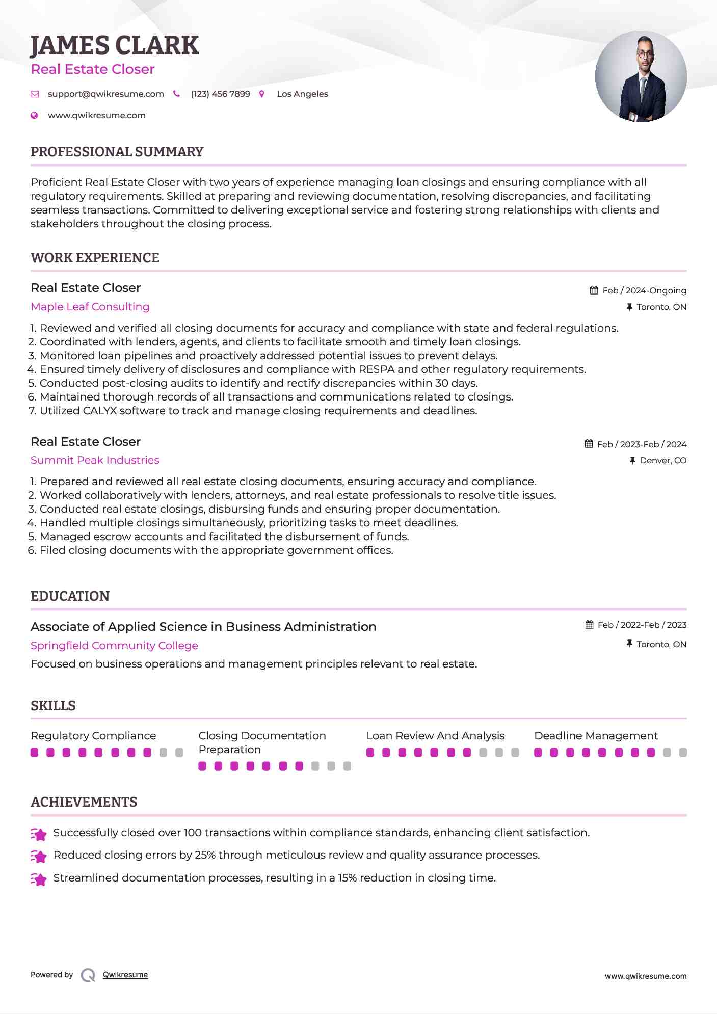Real Estate Closer Resume Sample
