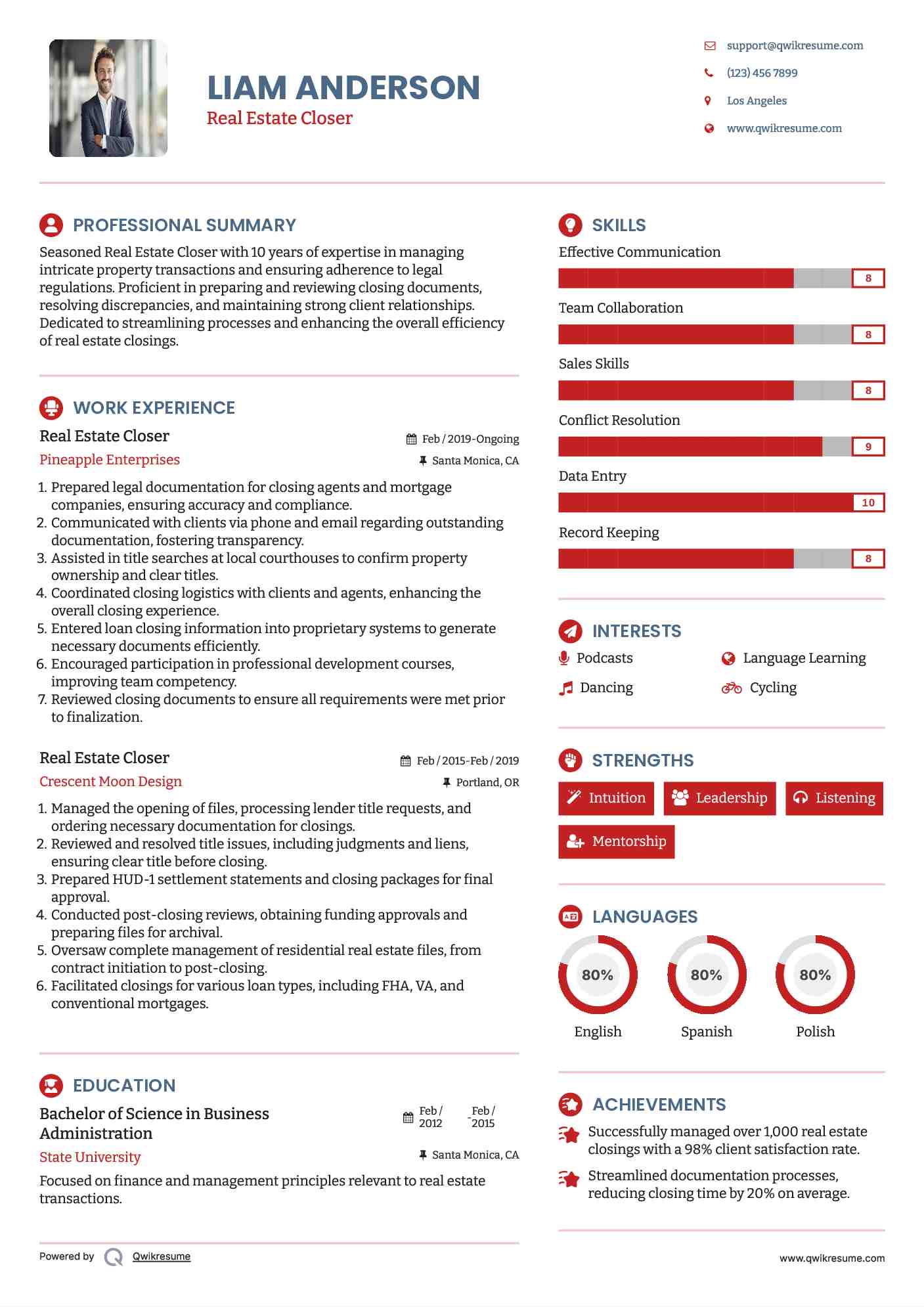 Real Estate Closer Resume Model