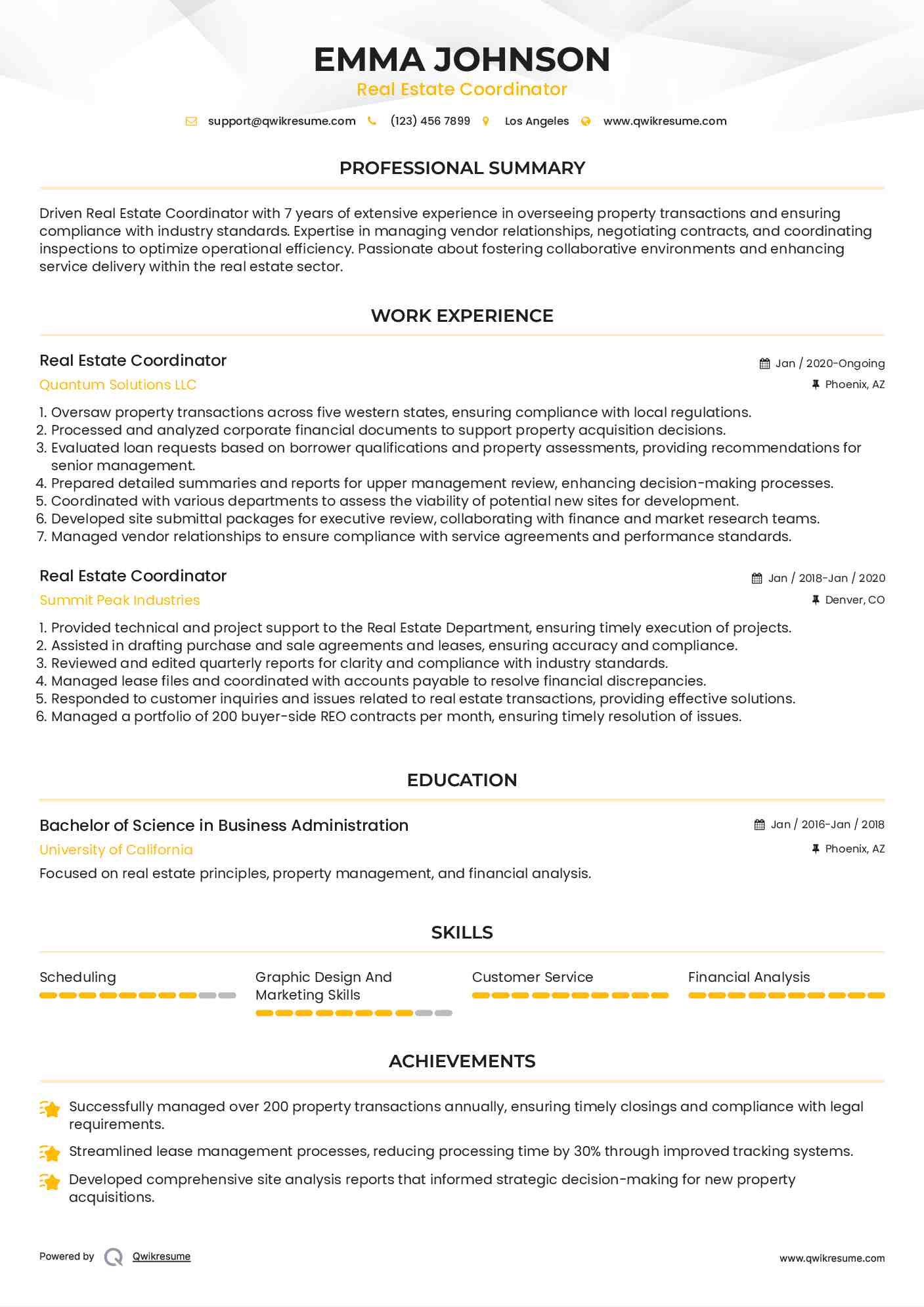 Real Estate Coordinator Resume Example