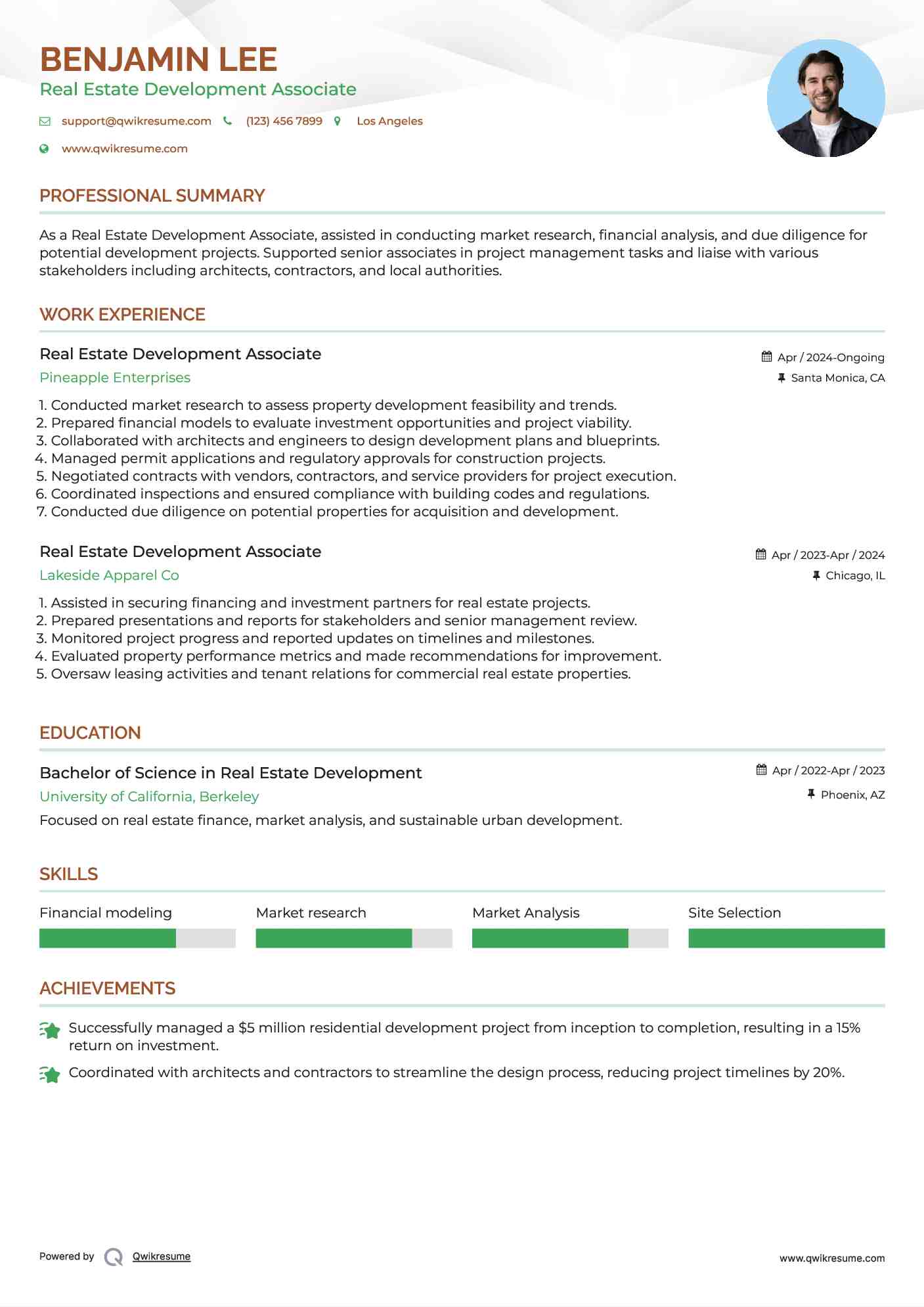 Real Estate Development Associate Resume Sample