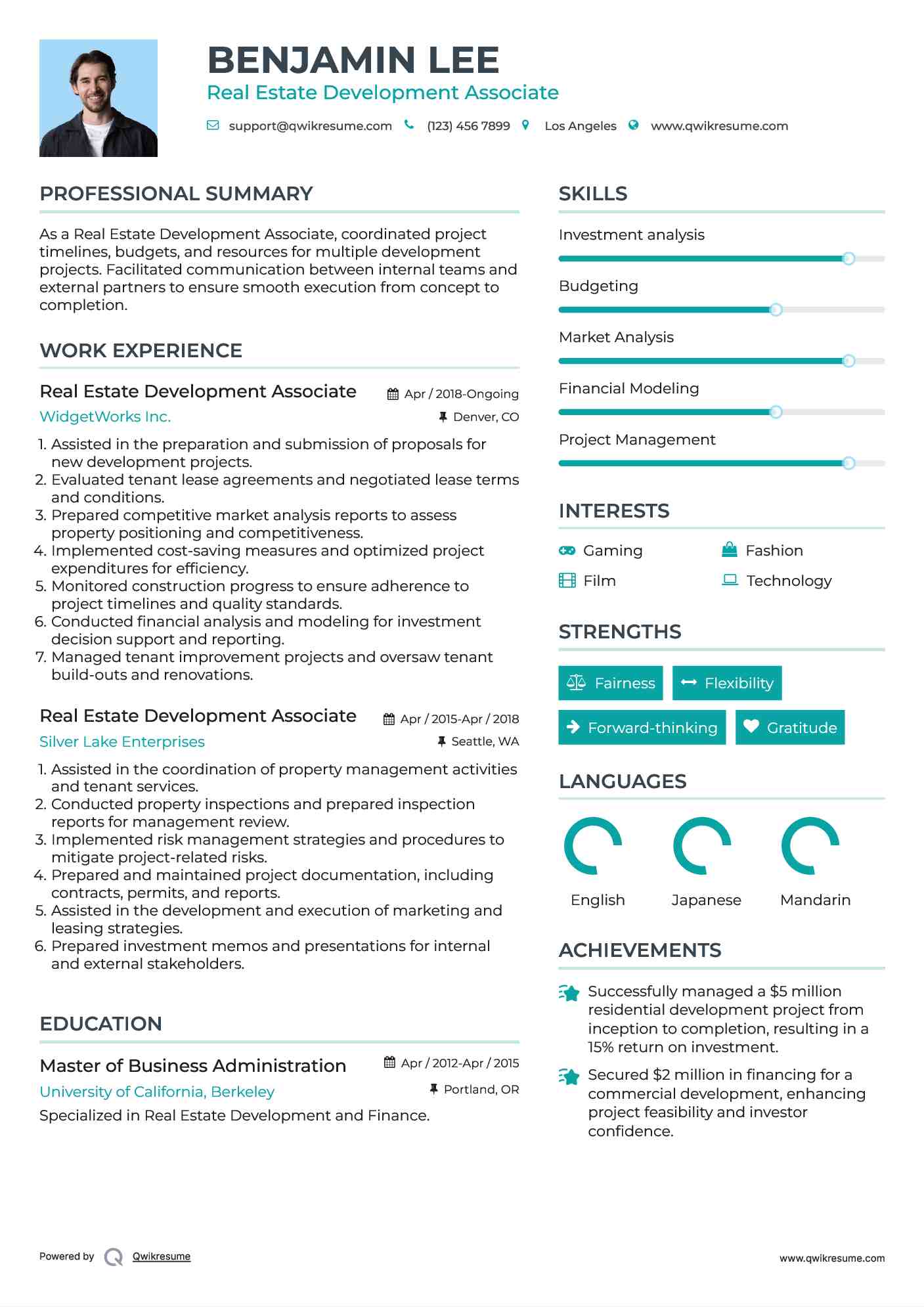Real Estate Development Associate Resume Example