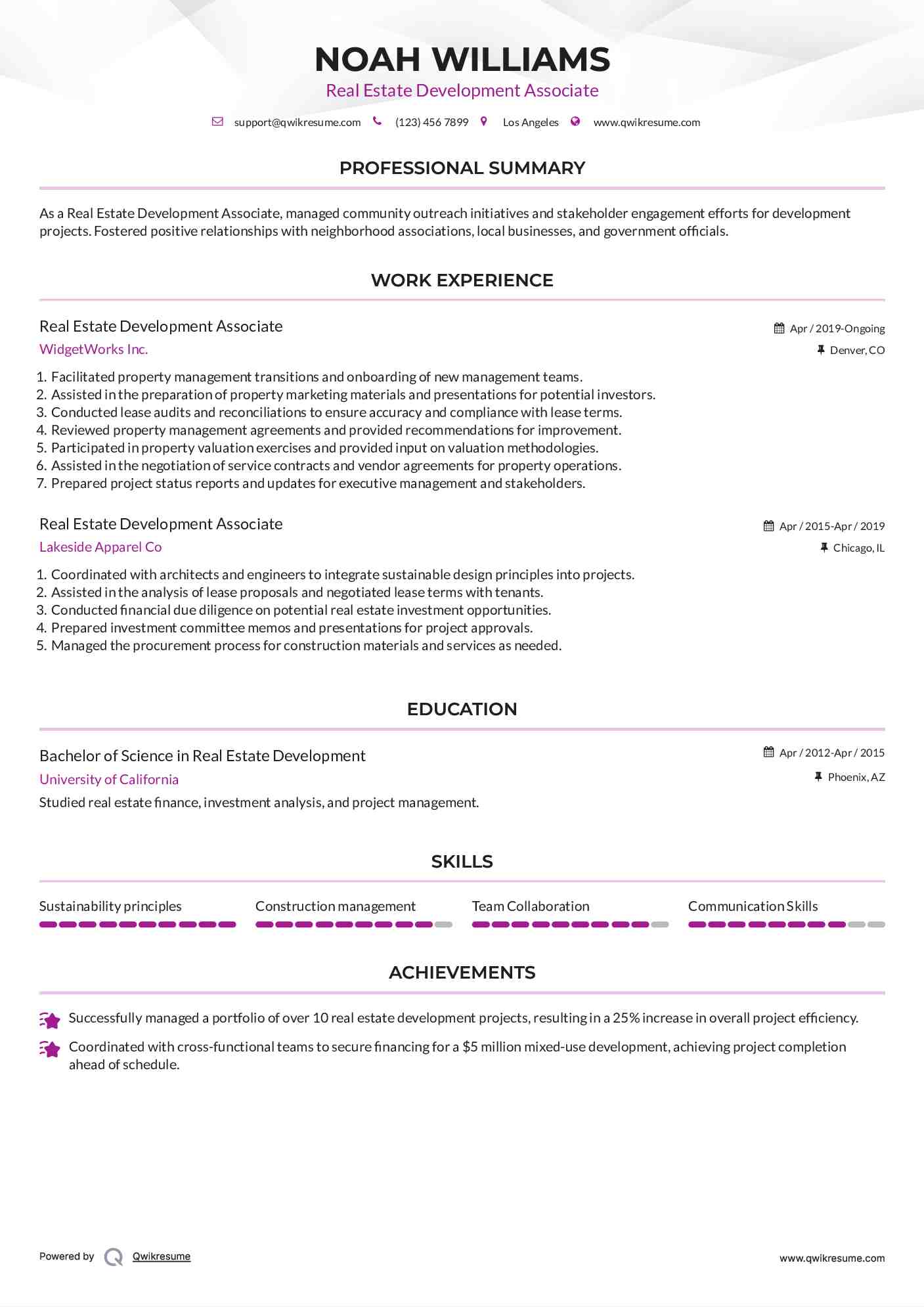 Real Estate Development Associate Resume Example