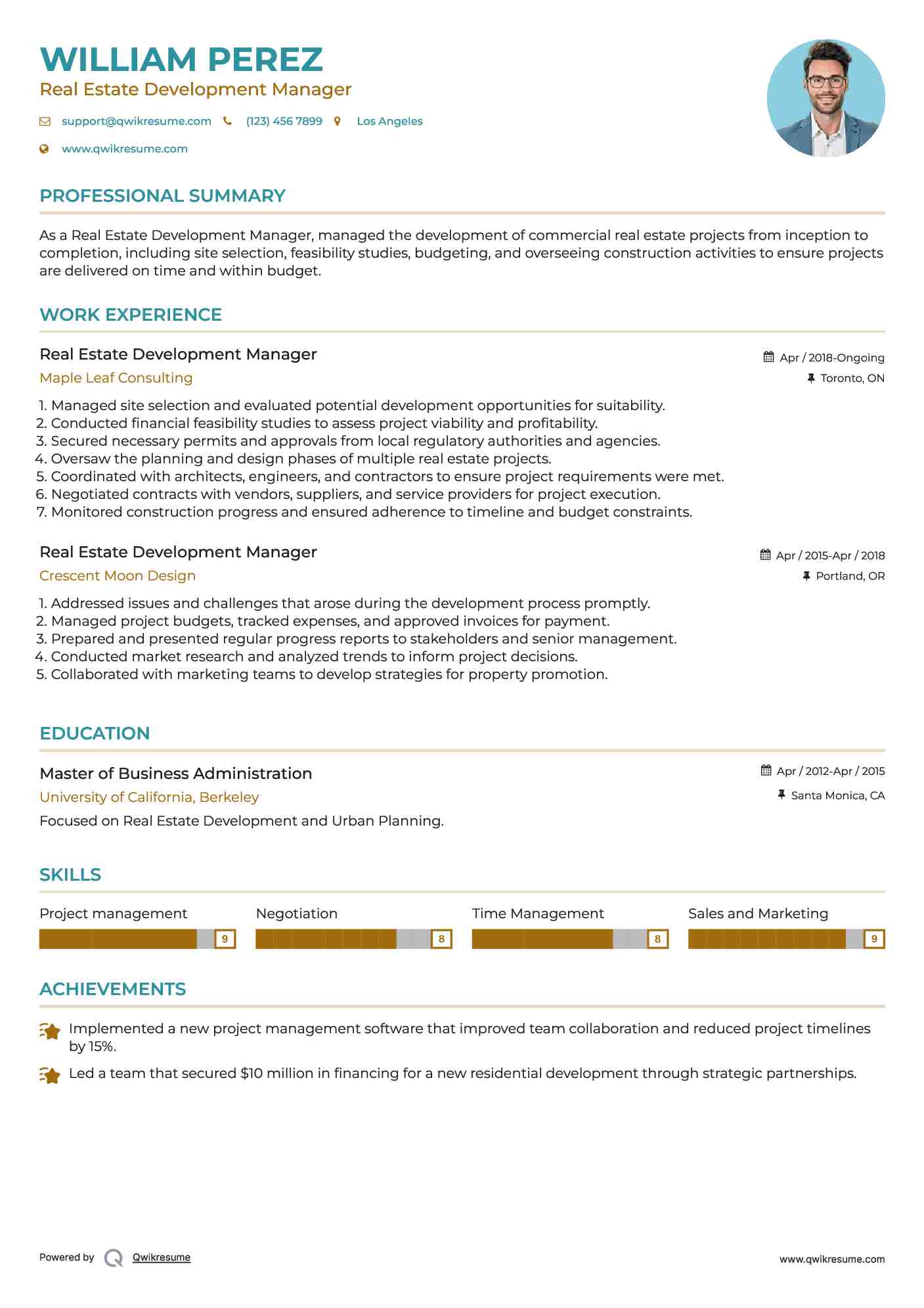 Real Estate Development Manager Resume Sample