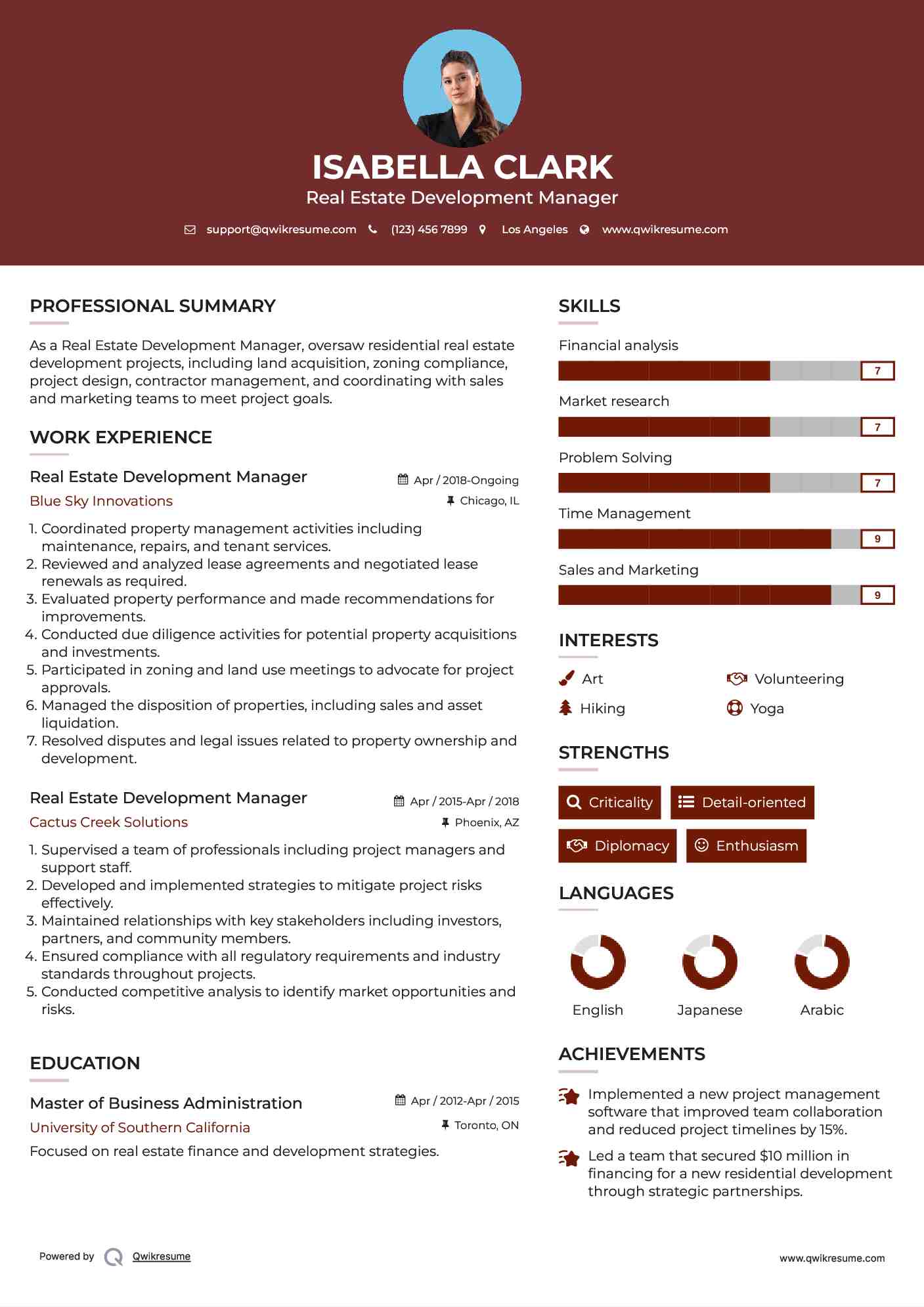 Real Estate Development Manager Resume Sample