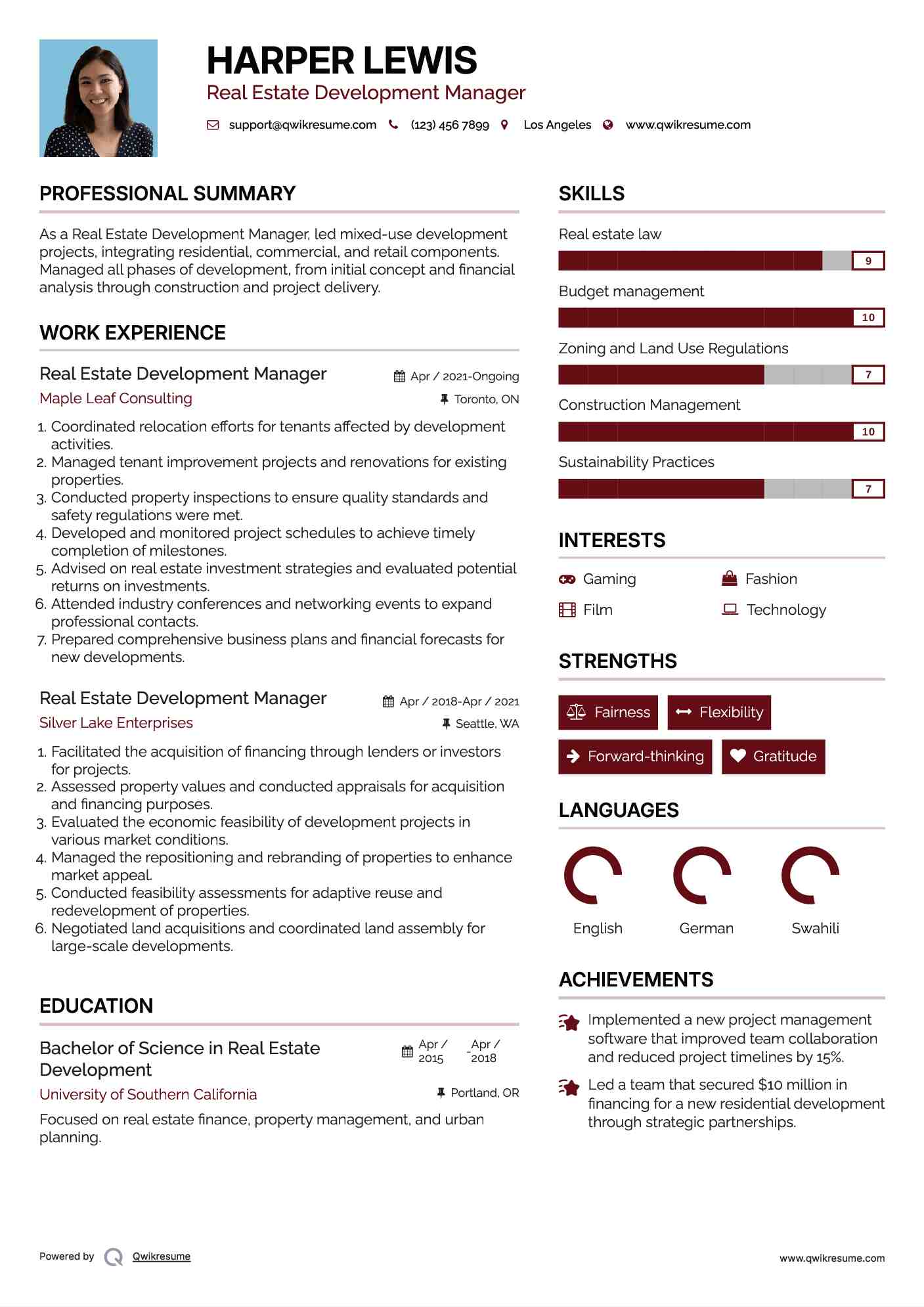 Real Estate Development Manager Resume Model