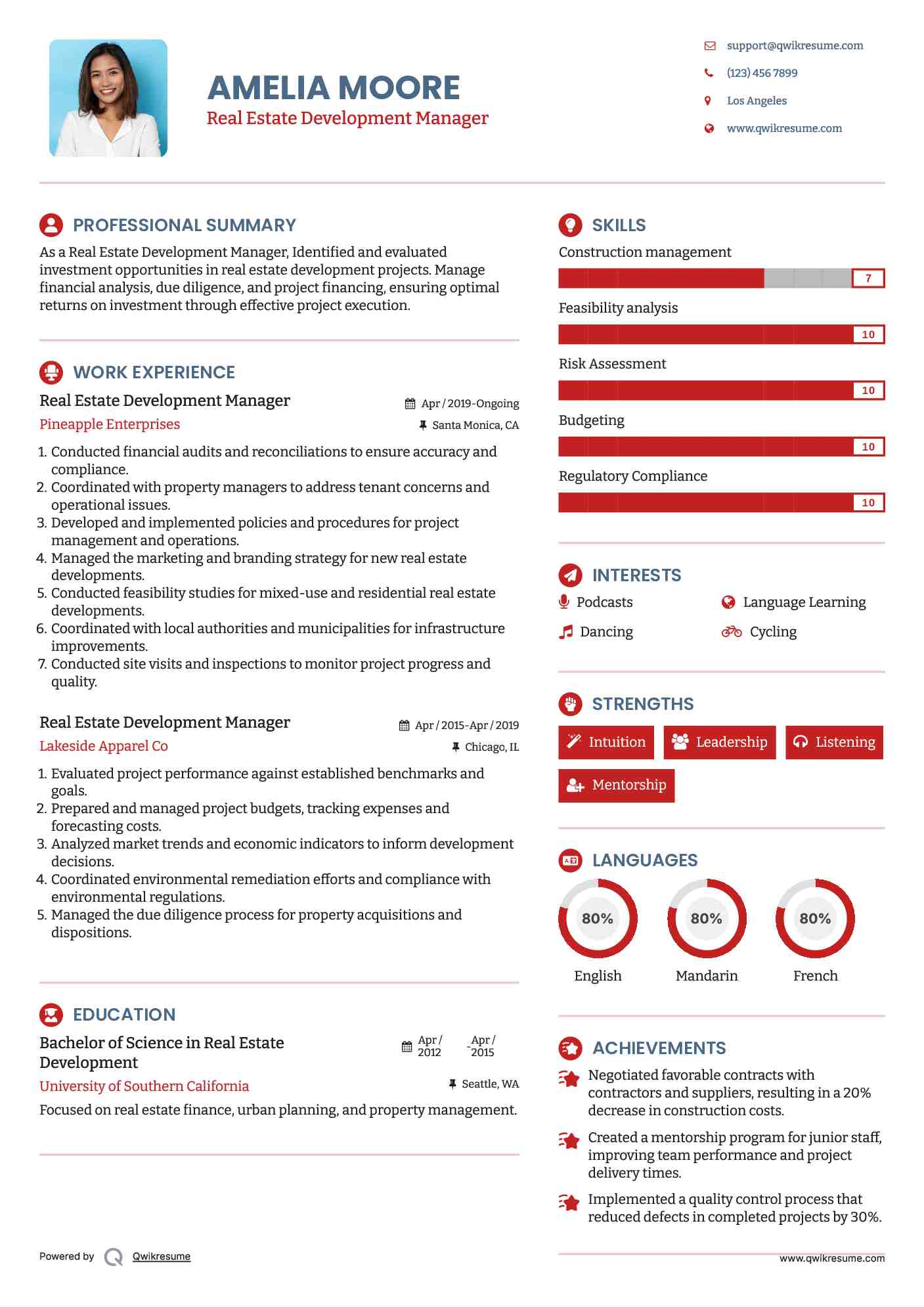 Real Estate Development Manager Resume Example