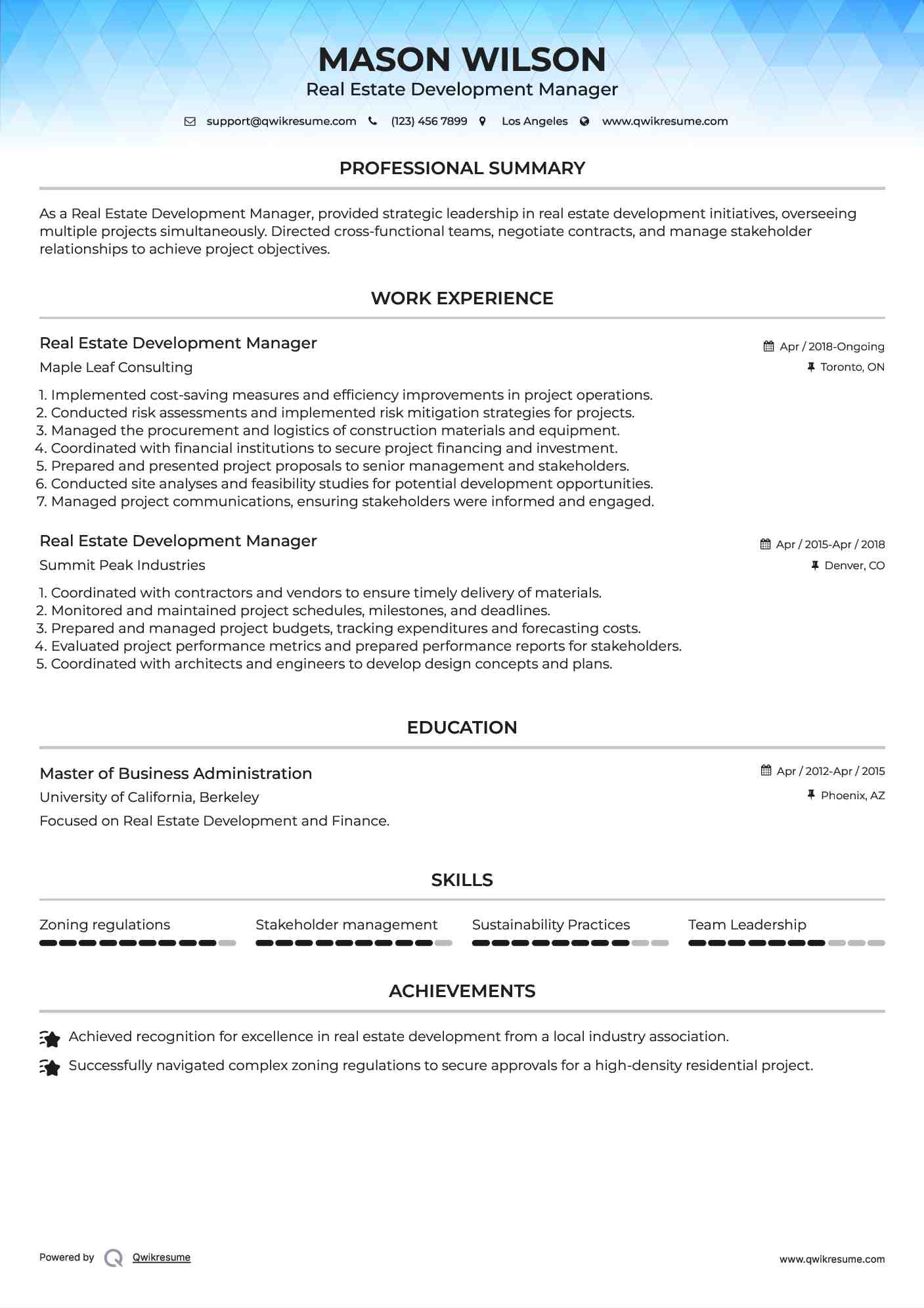 Real Estate Development Manager Resume Sample
