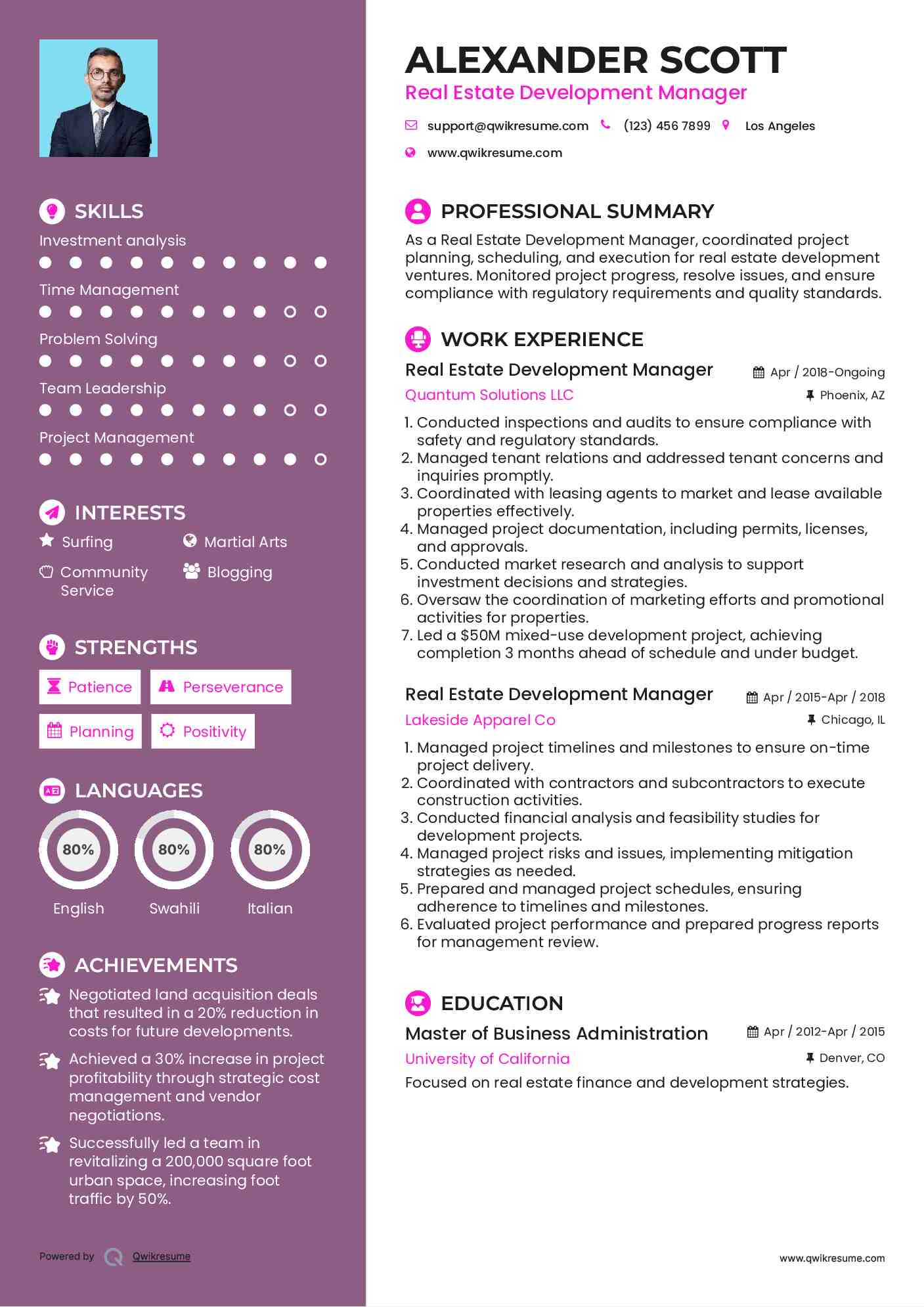 Real Estate Development Manager Resume Format