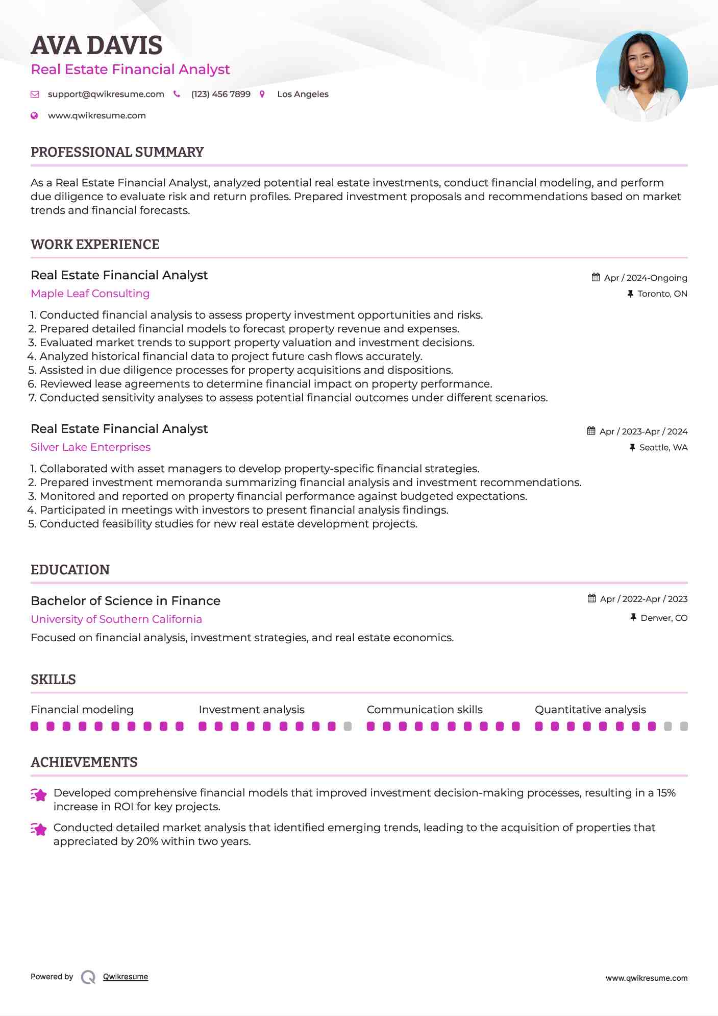 Real Estate Financial Analyst Resume Sample