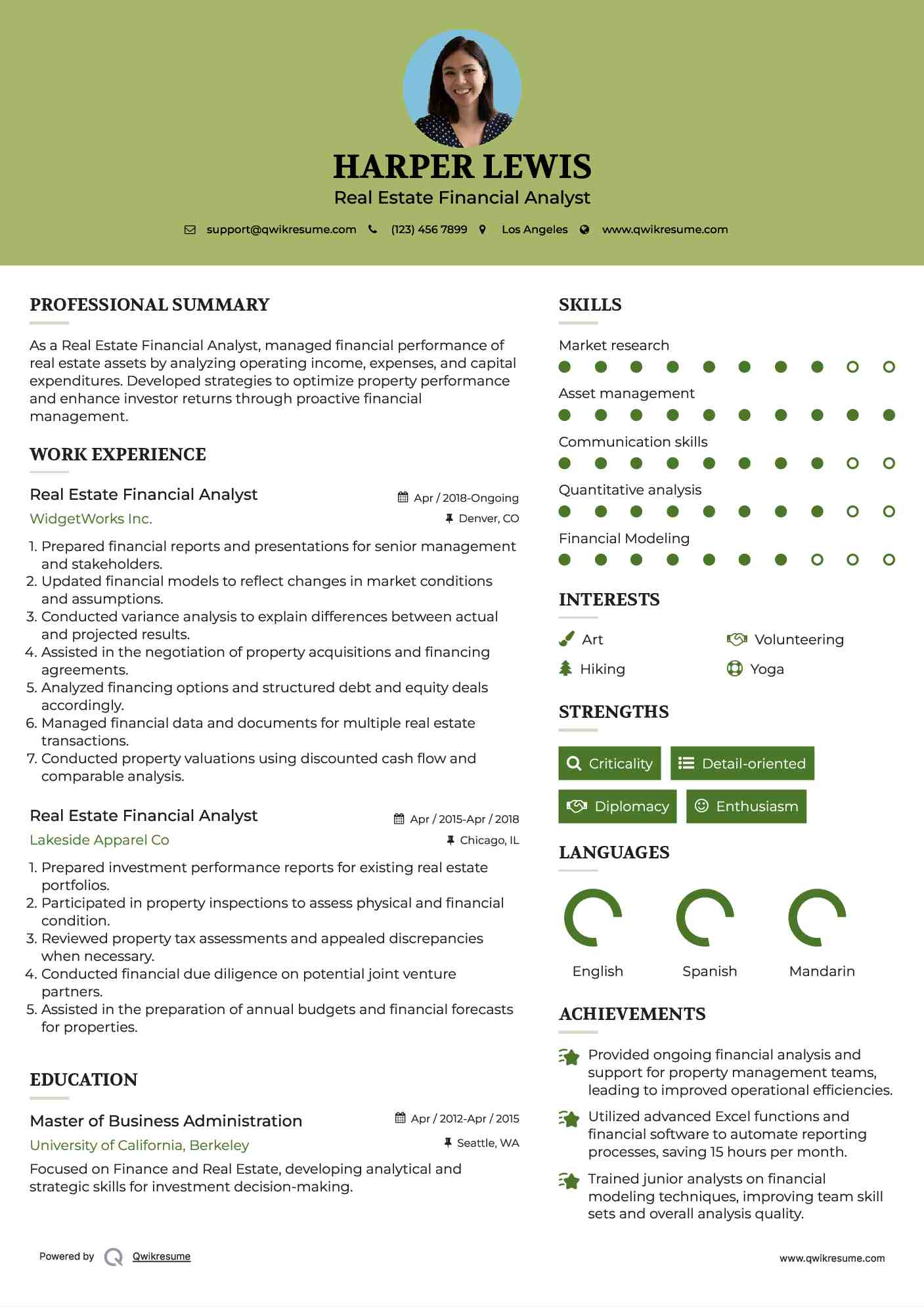 Real Estate Financial Analyst Resume Sample