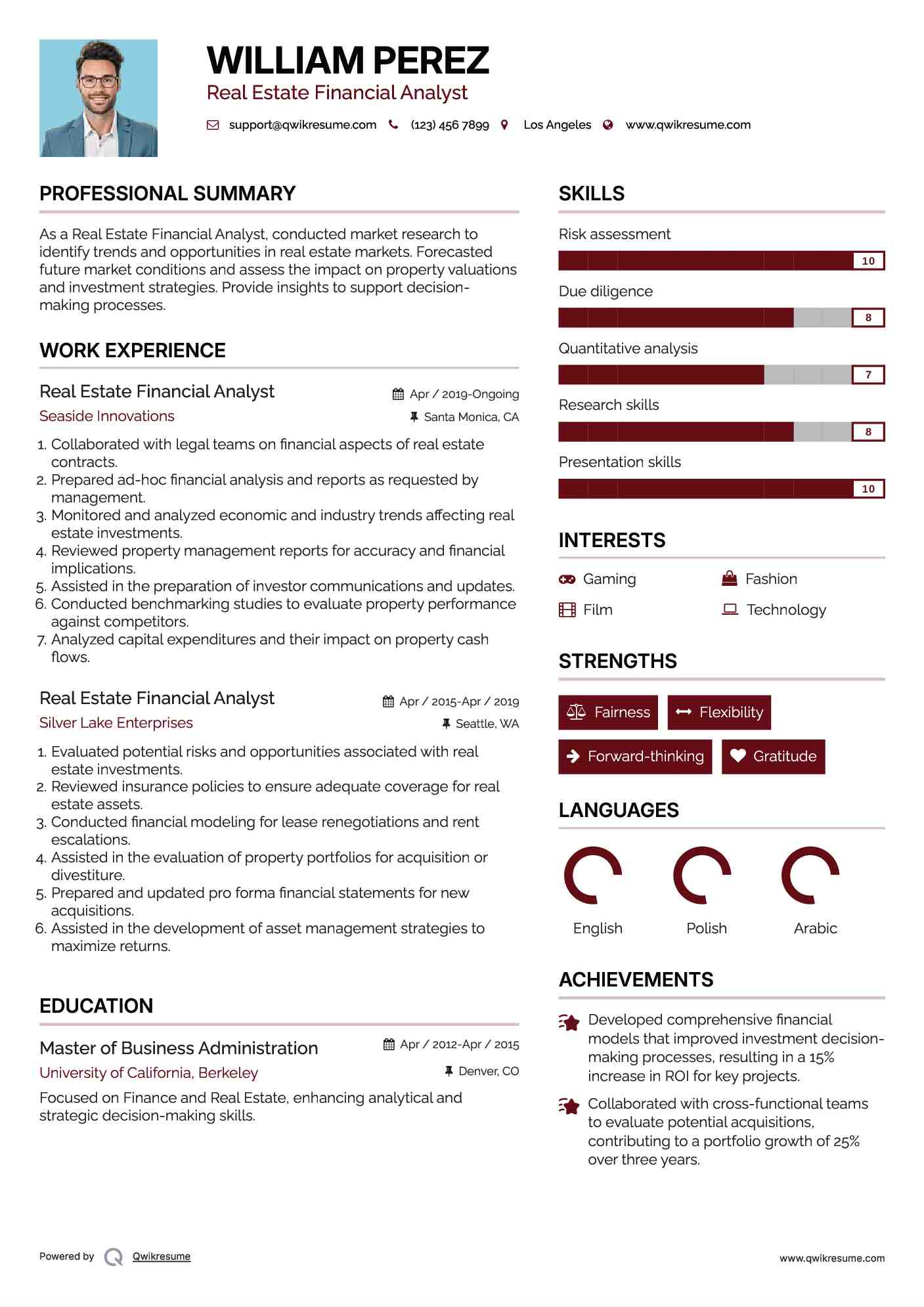 Real Estate Financial Analyst Resume Sample