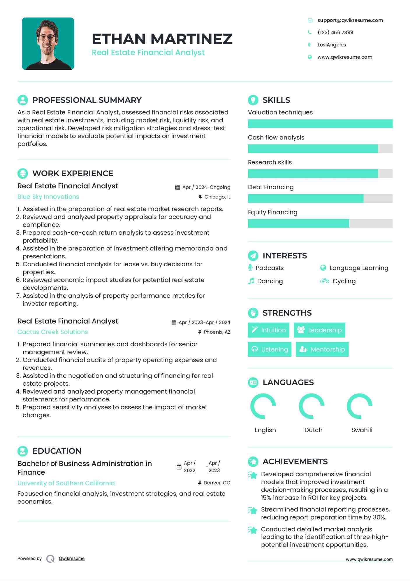 Real Estate Financial Analyst Resume Example