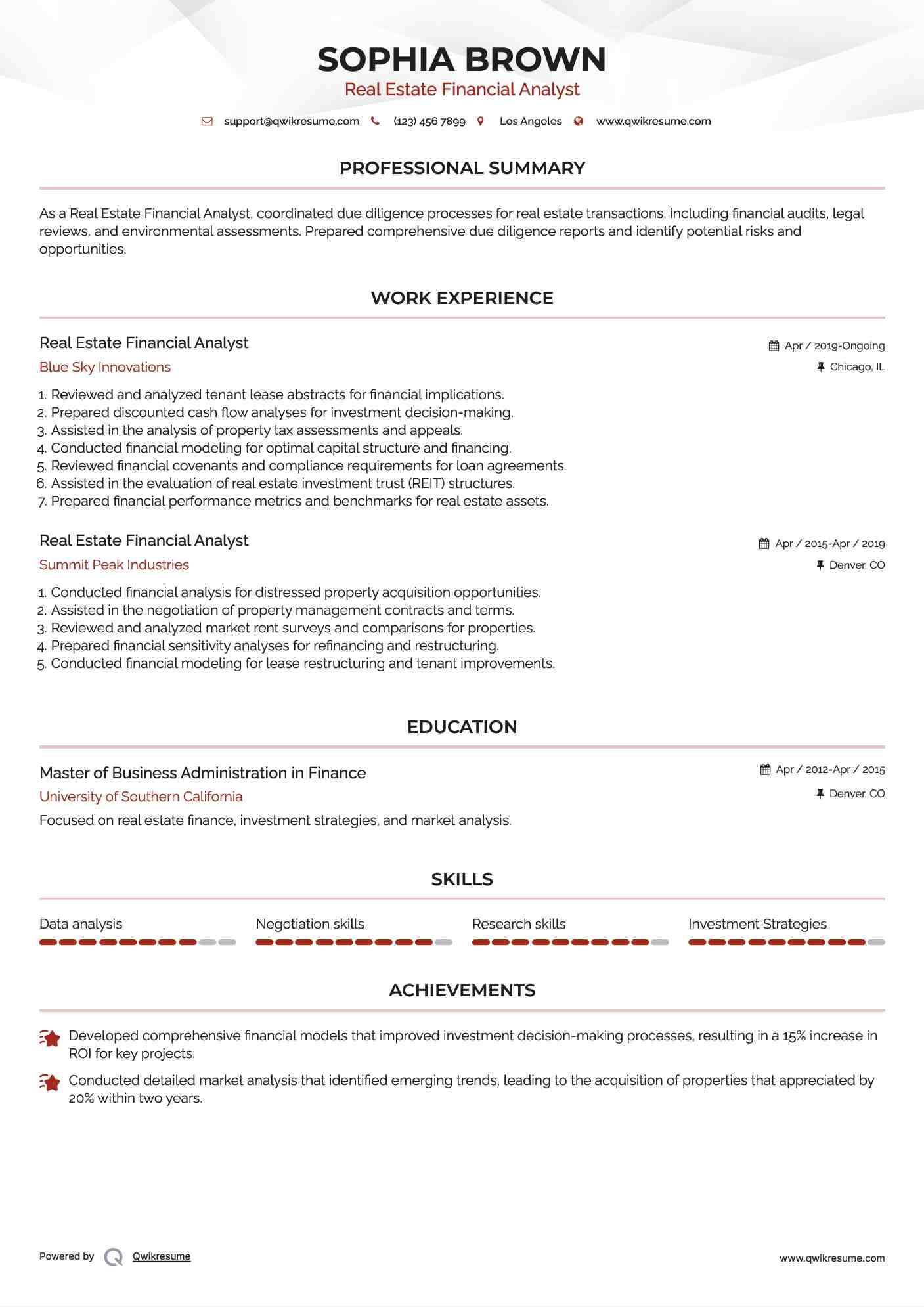Real Estate Financial Analyst Resume Template