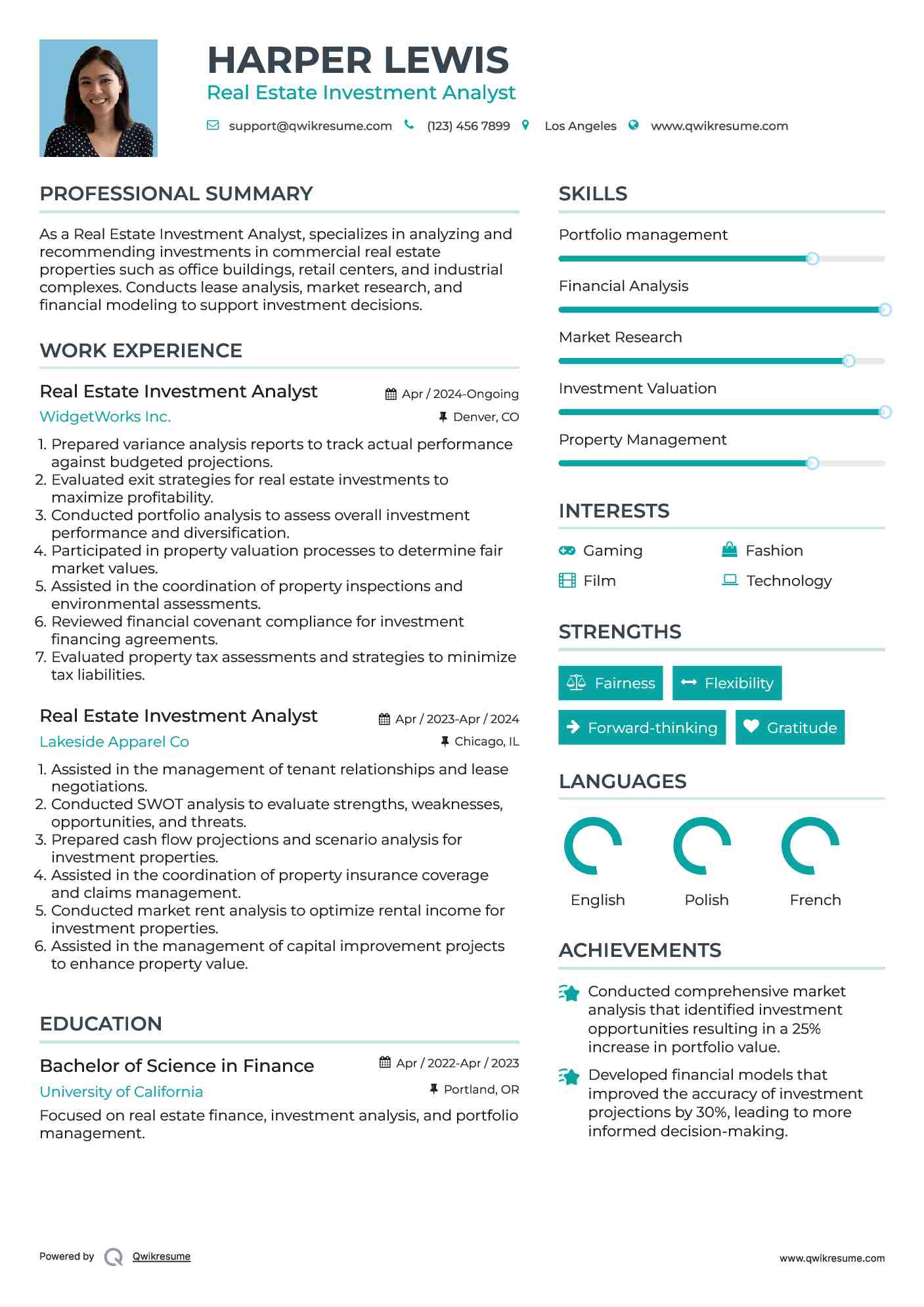 Real Estate Investment Analyst Resume Sample