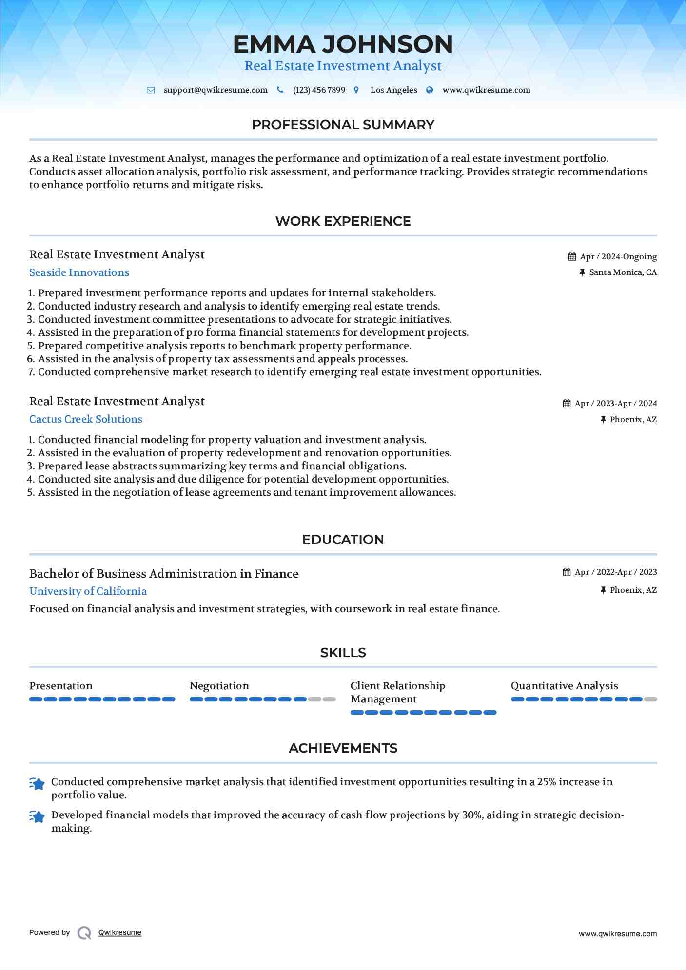 Real Estate Investment Analyst Resume Template