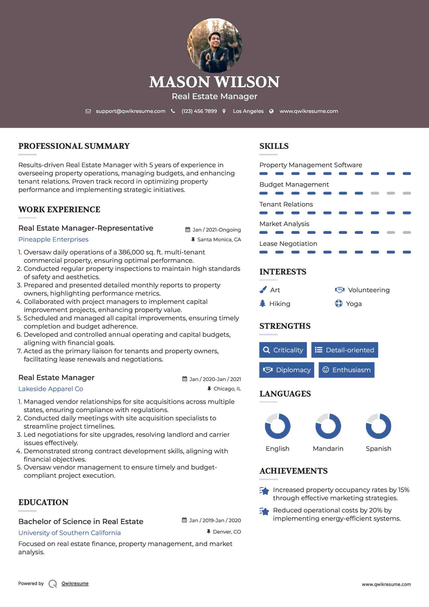 Real Estate Manager-Representative Resume Sample