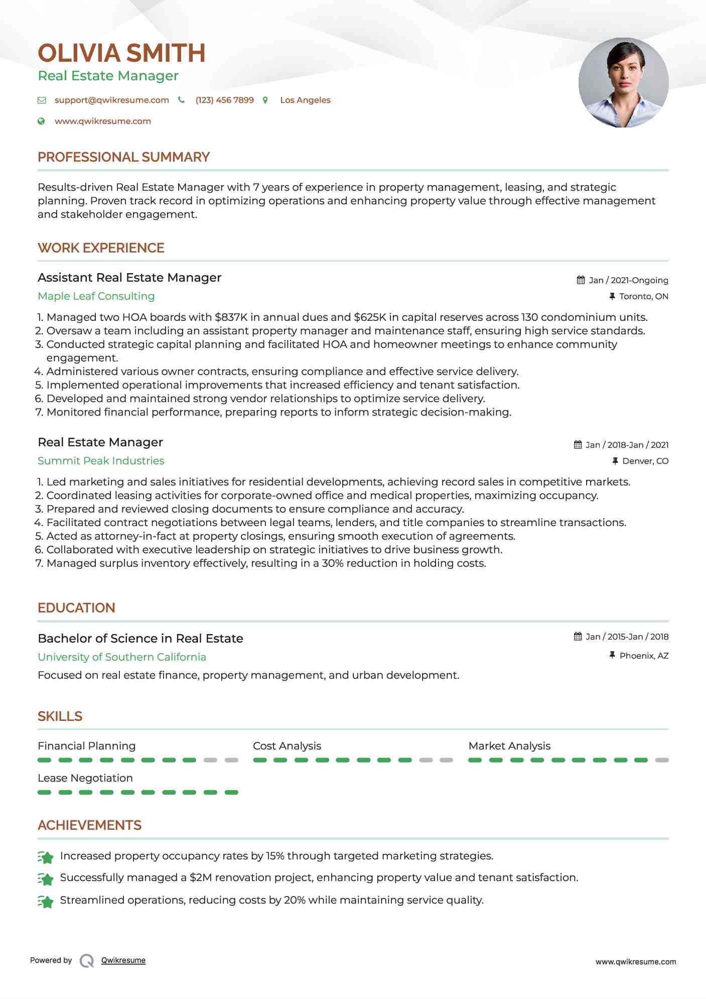 Assistant Real Estate Manager Resume Example