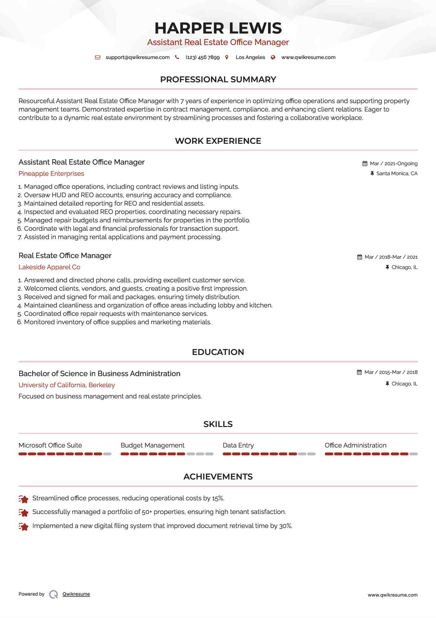 Assistant Real Estate Office Manager Resume Format