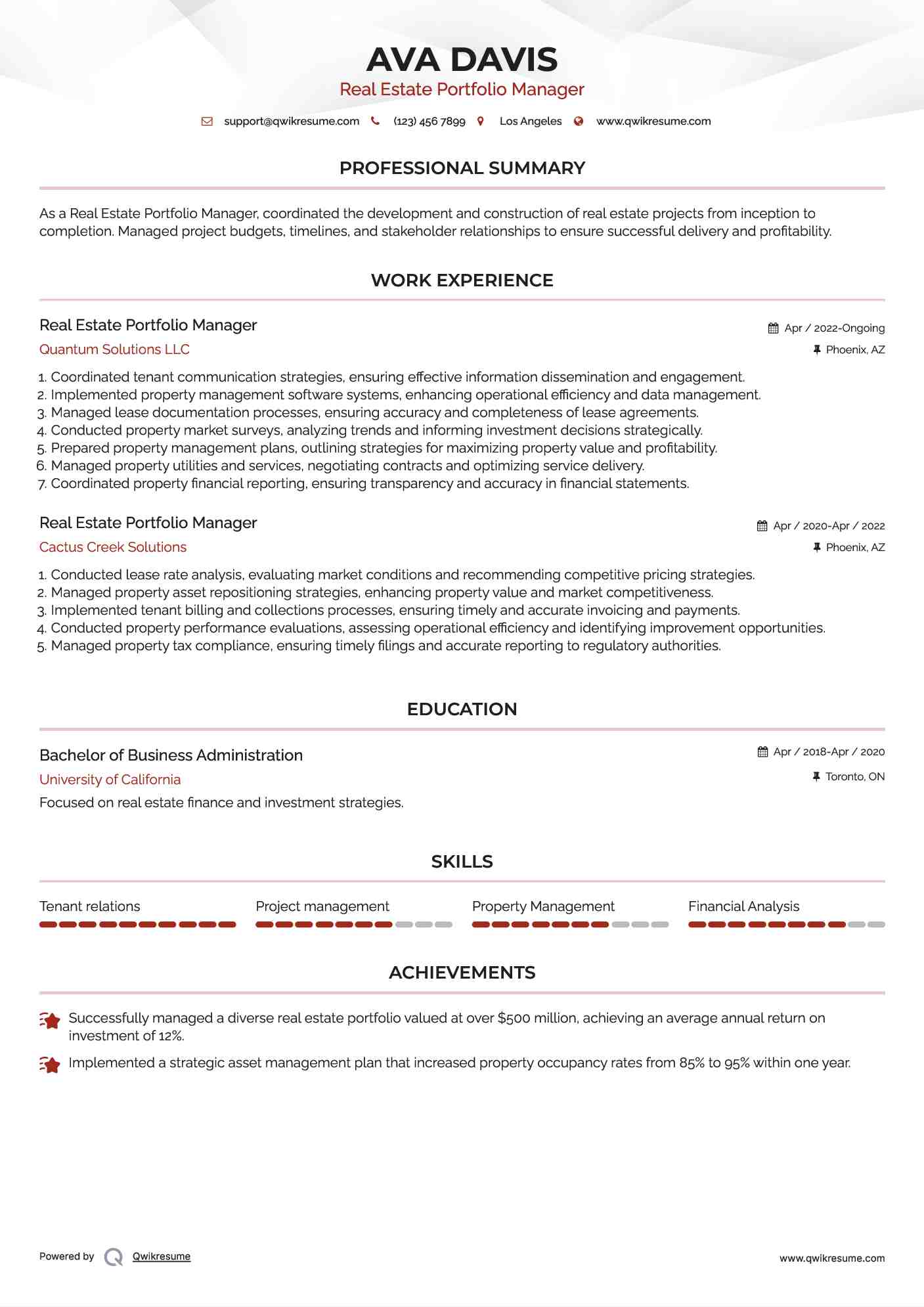 Real Estate Portfolio Manager Resume Sample