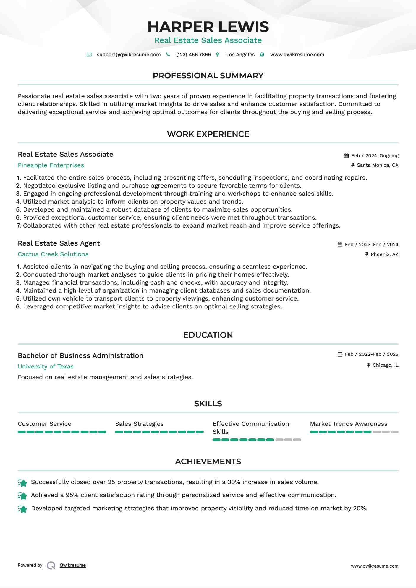 Real Estate Sales Associate Resume Example