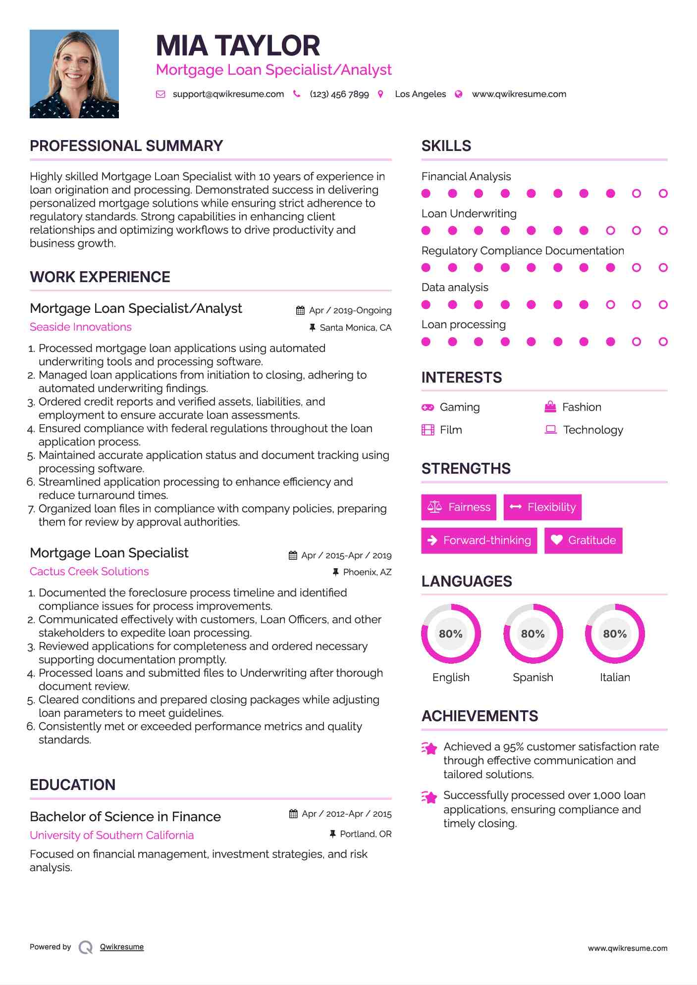 Mortgage Loan Specialist/Analyst Resume Example