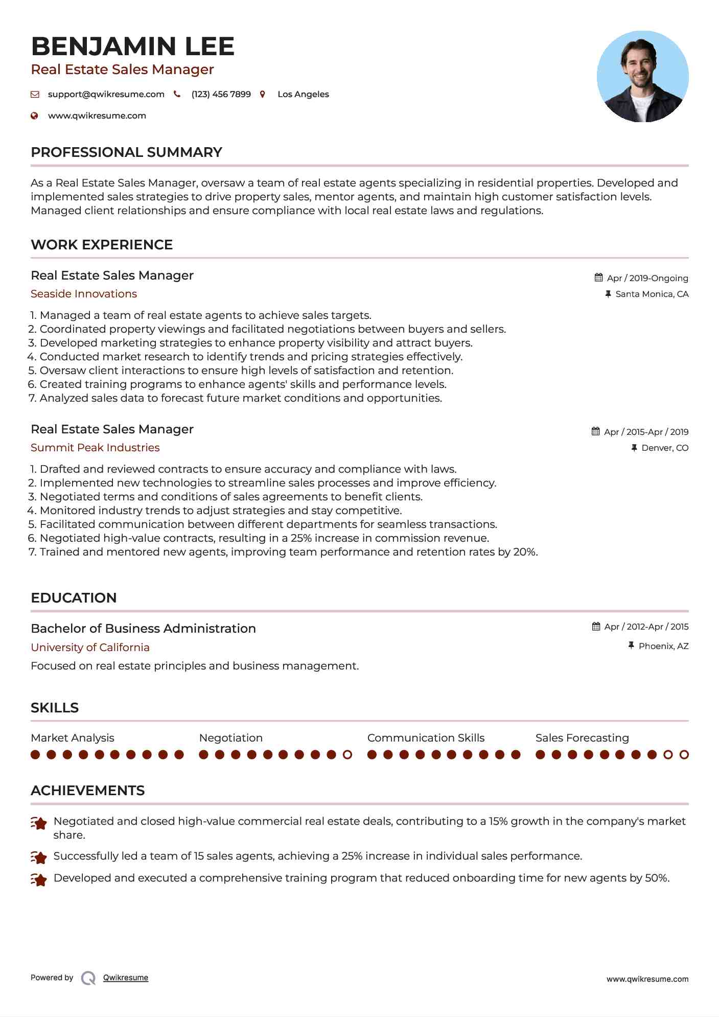 Real Estate Sales Manager Resume Example